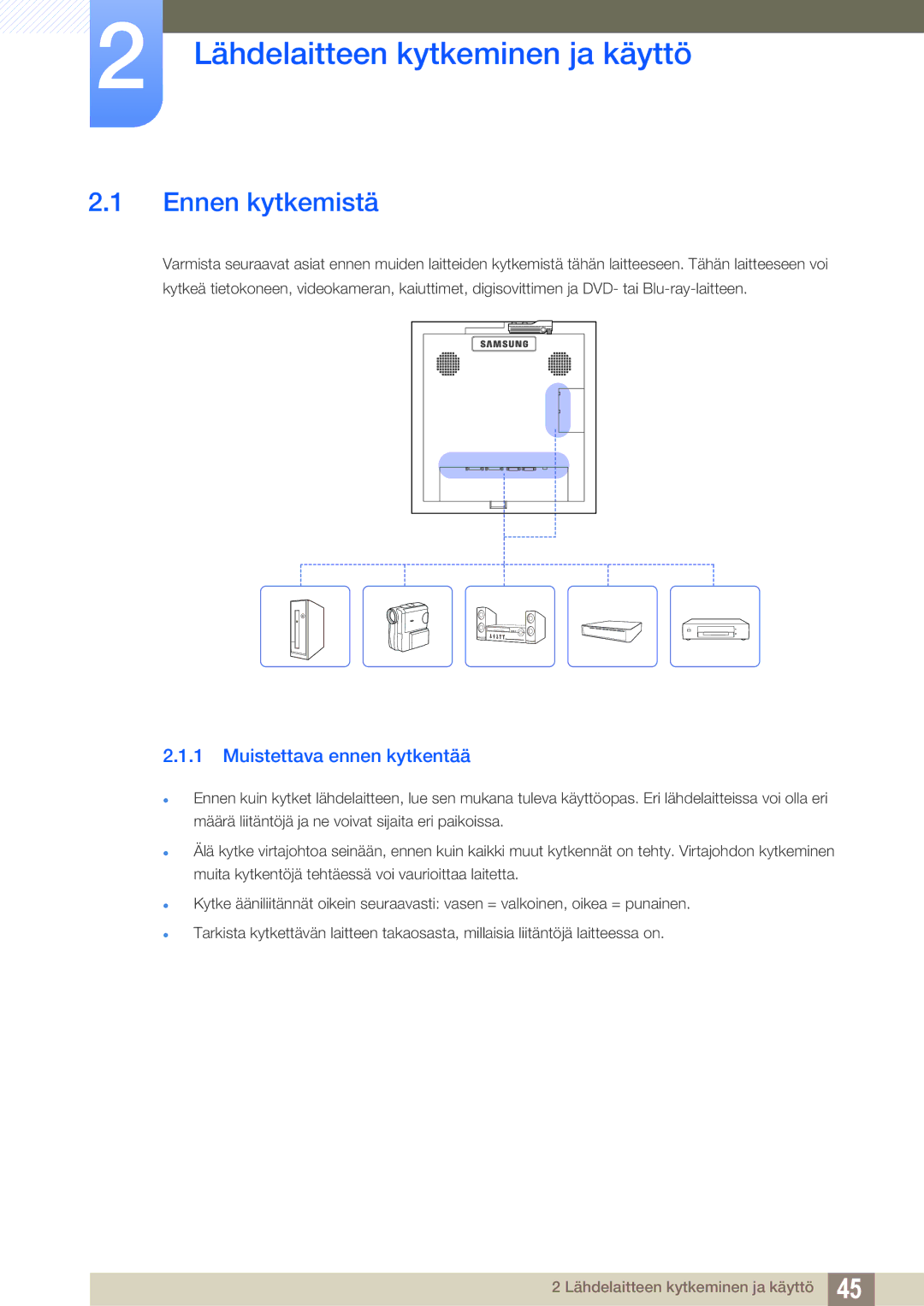 Samsung LH22UDBPLBB/EN manual Ennen kytkemistä, Muistettava ennen kytkentää 