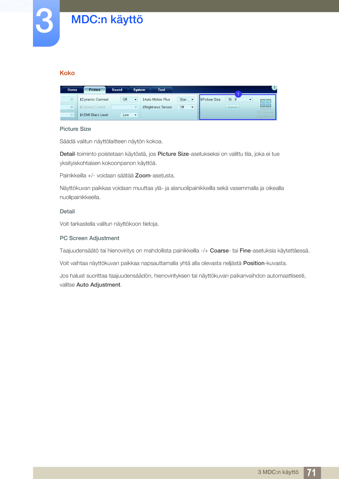Samsung LH22UDBPLBB/EN manual Koko, Picture Size, Detail, PC Screen Adjustment 