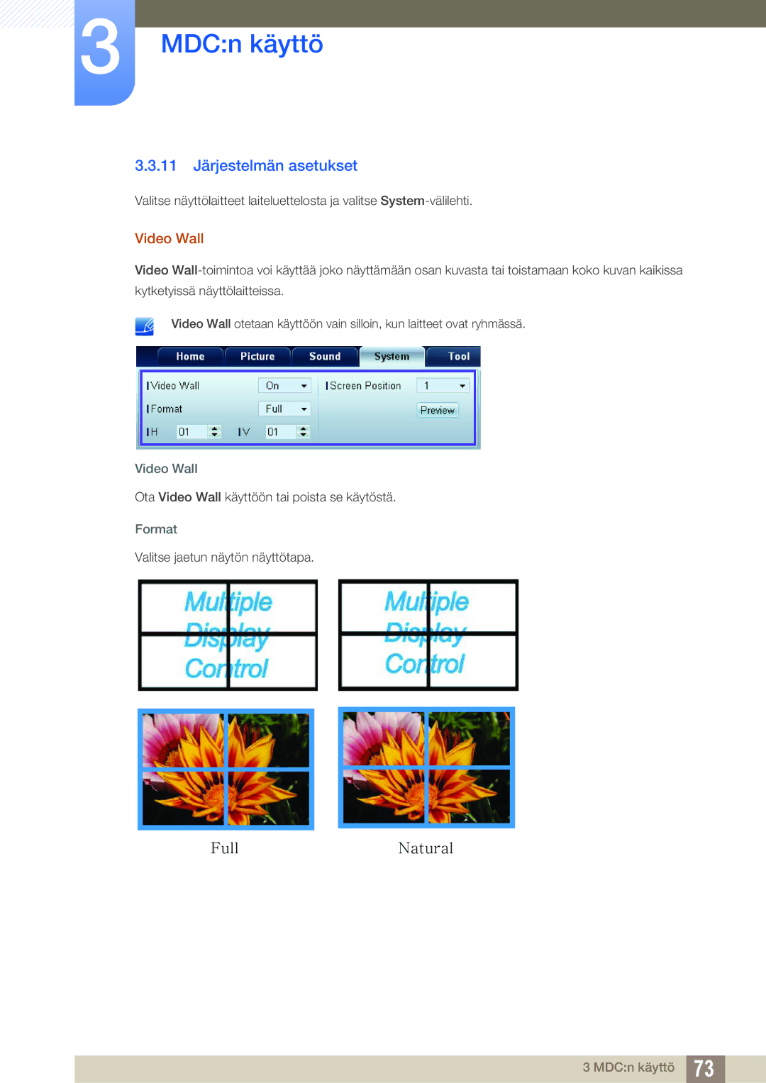 Samsung LH22UDBPLBB/EN manual 11 Järjestelmän asetukset, Video Wall, Format 