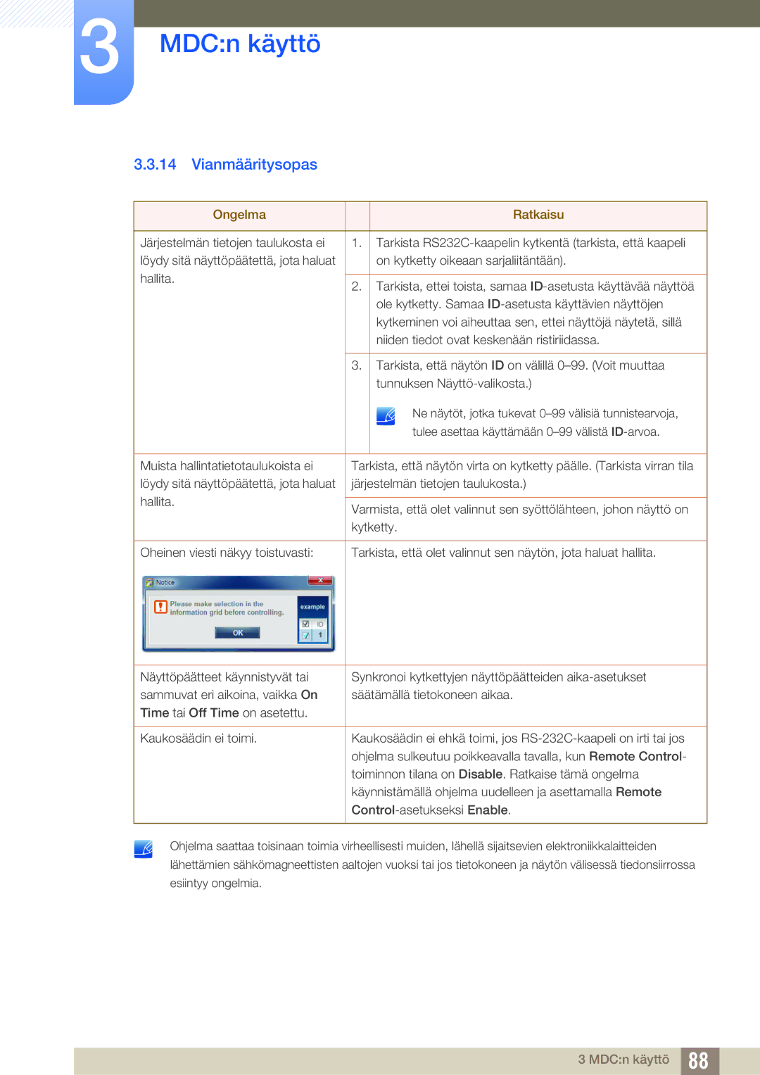 Samsung LH22UDBPLBB/EN manual Vianmääritysopas, Ongelma Ratkaisu 