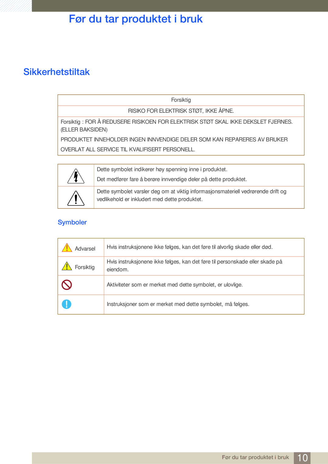 Samsung LH22UDBPLBB/EN manual Sikkerhetstiltak, Symboler 