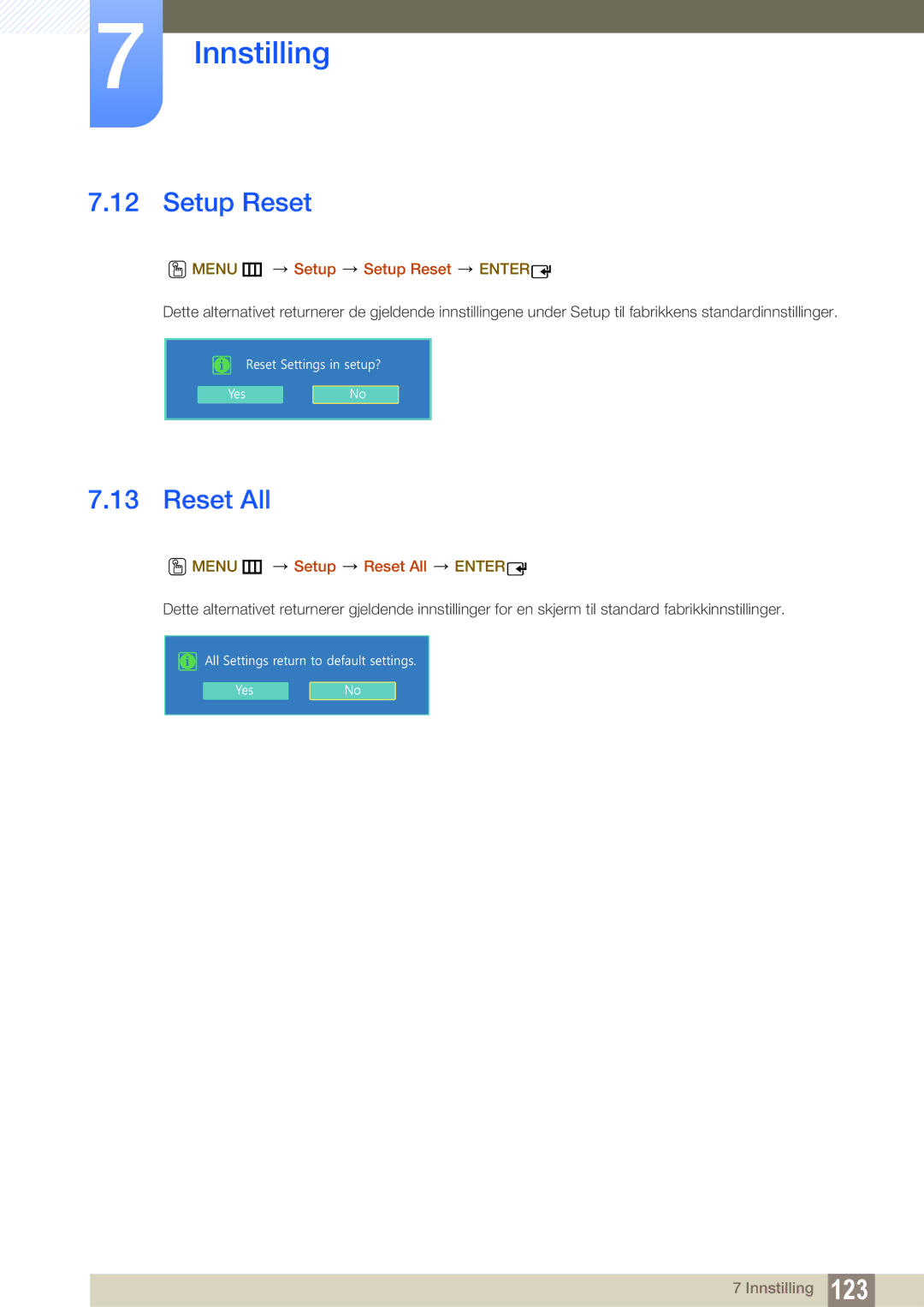 Samsung LH22UDBPLBB/EN manual Menu m Setup Setup Reset Enter, Menu m Setup Reset All Enter 