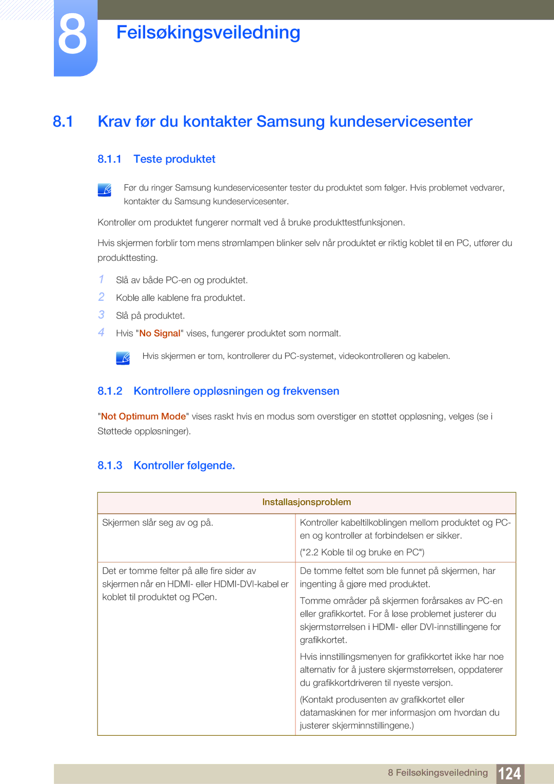 Samsung LH22UDBPLBB/EN manual Krav før du kontakter Samsung kundeservicesenter, Teste produktet, Kontroller følgende 