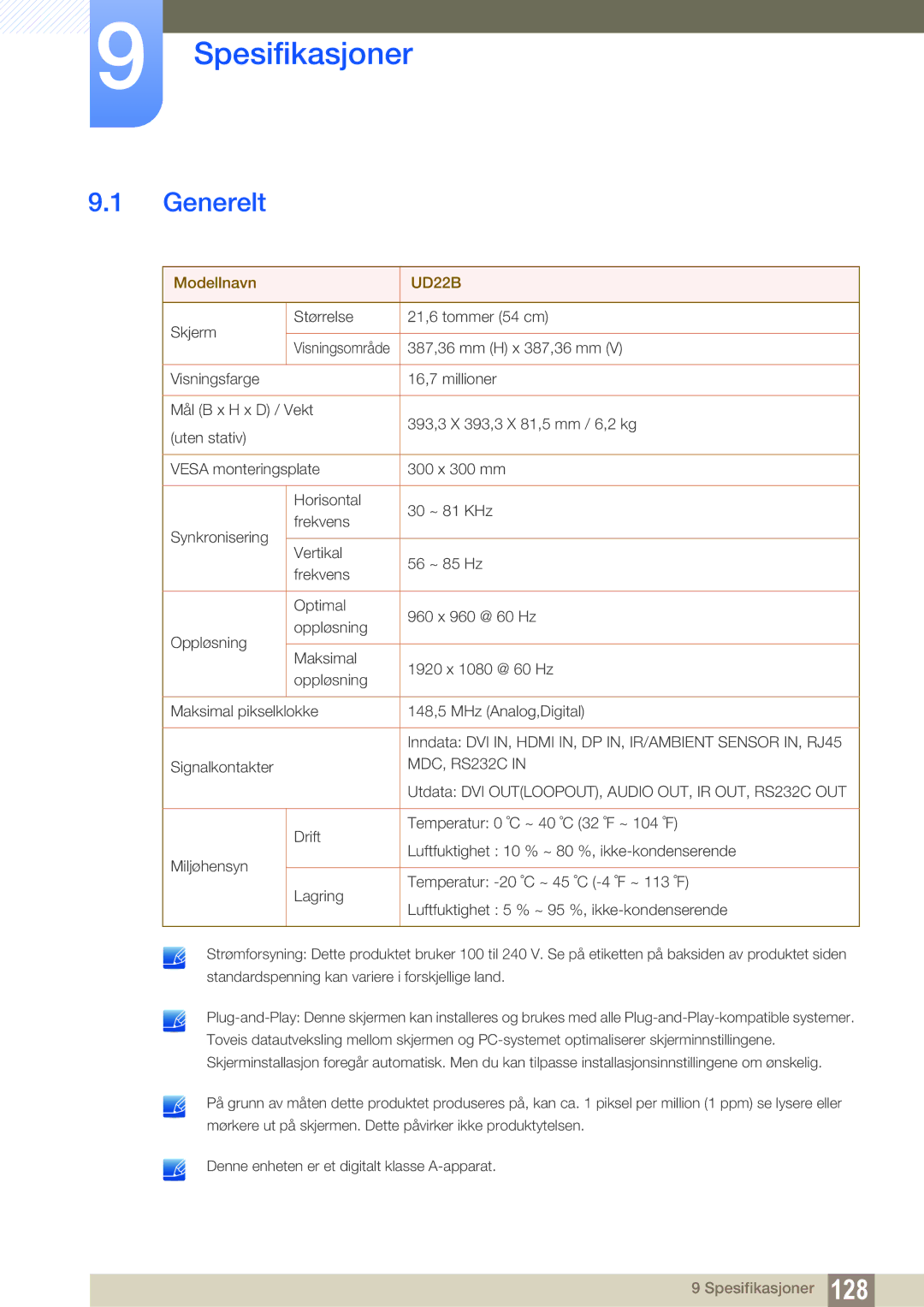 Samsung LH22UDBPLBB/EN manual Spesifikasjoner, Generelt 