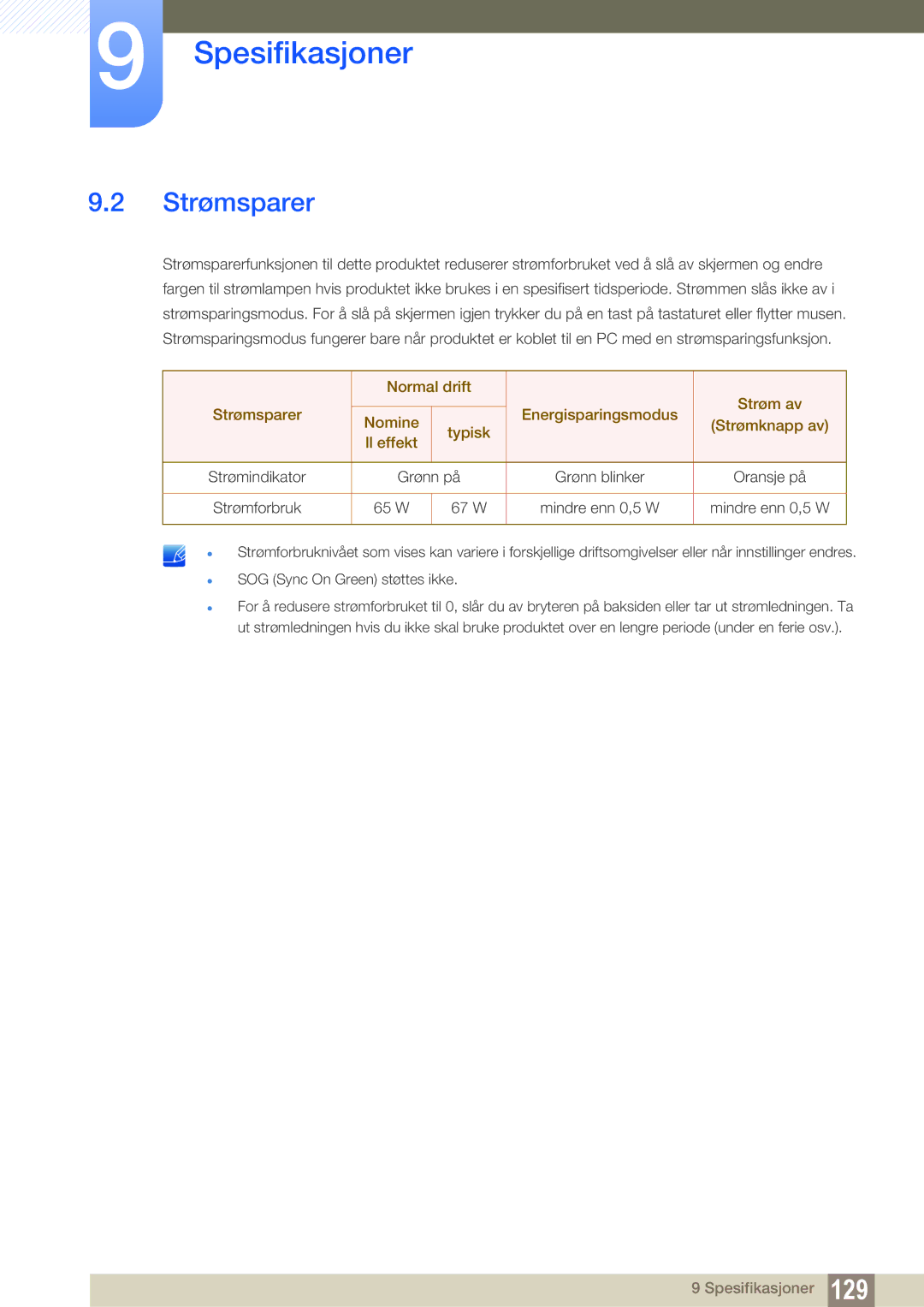 Samsung LH22UDBPLBB/EN manual Strømsparer 