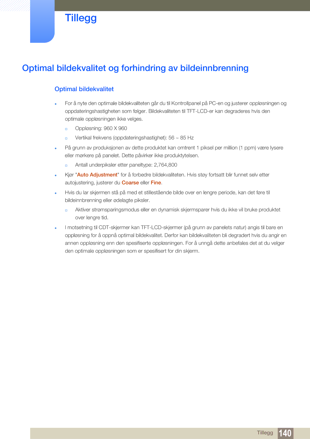 Samsung LH22UDBPLBB/EN manual Optimal bildekvalitet og forhindring av bildeinnbrenning 