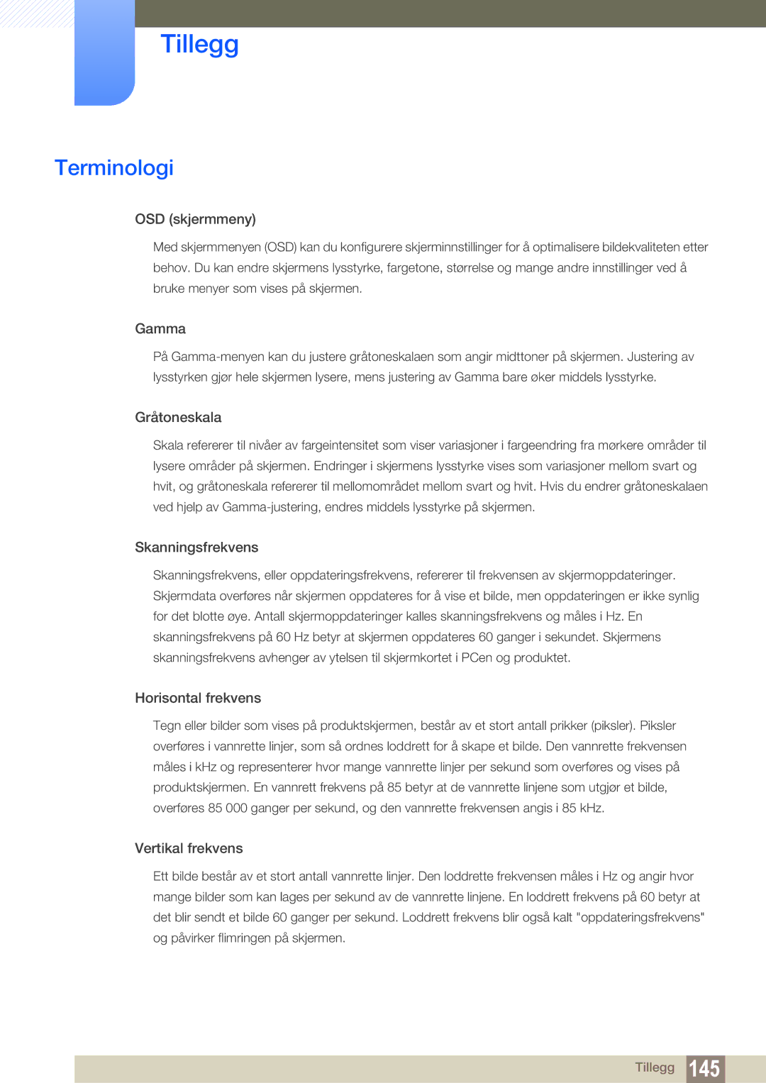 Samsung LH22UDBPLBB/EN manual Terminologi, OSD skjermmeny 