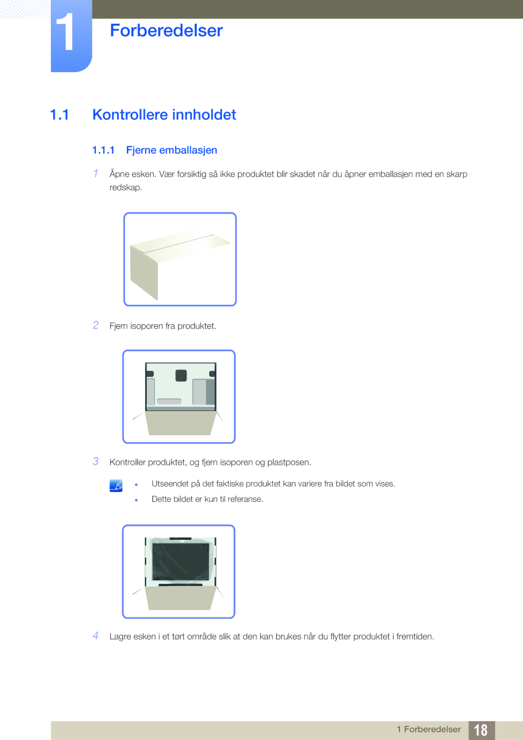 Samsung LH22UDBPLBB/EN manual Kontrollere innholdet, Fjerne emballasjen 