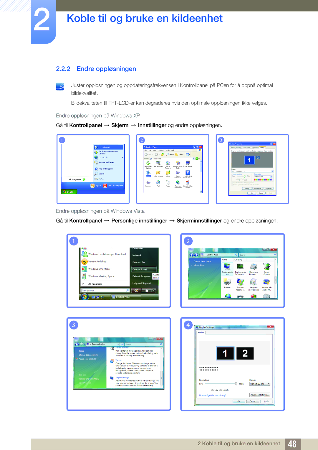 Samsung LH22UDBPLBB/EN manual Endre oppløsningen på Windows XP, Endre oppløsningen på Windows Vista 