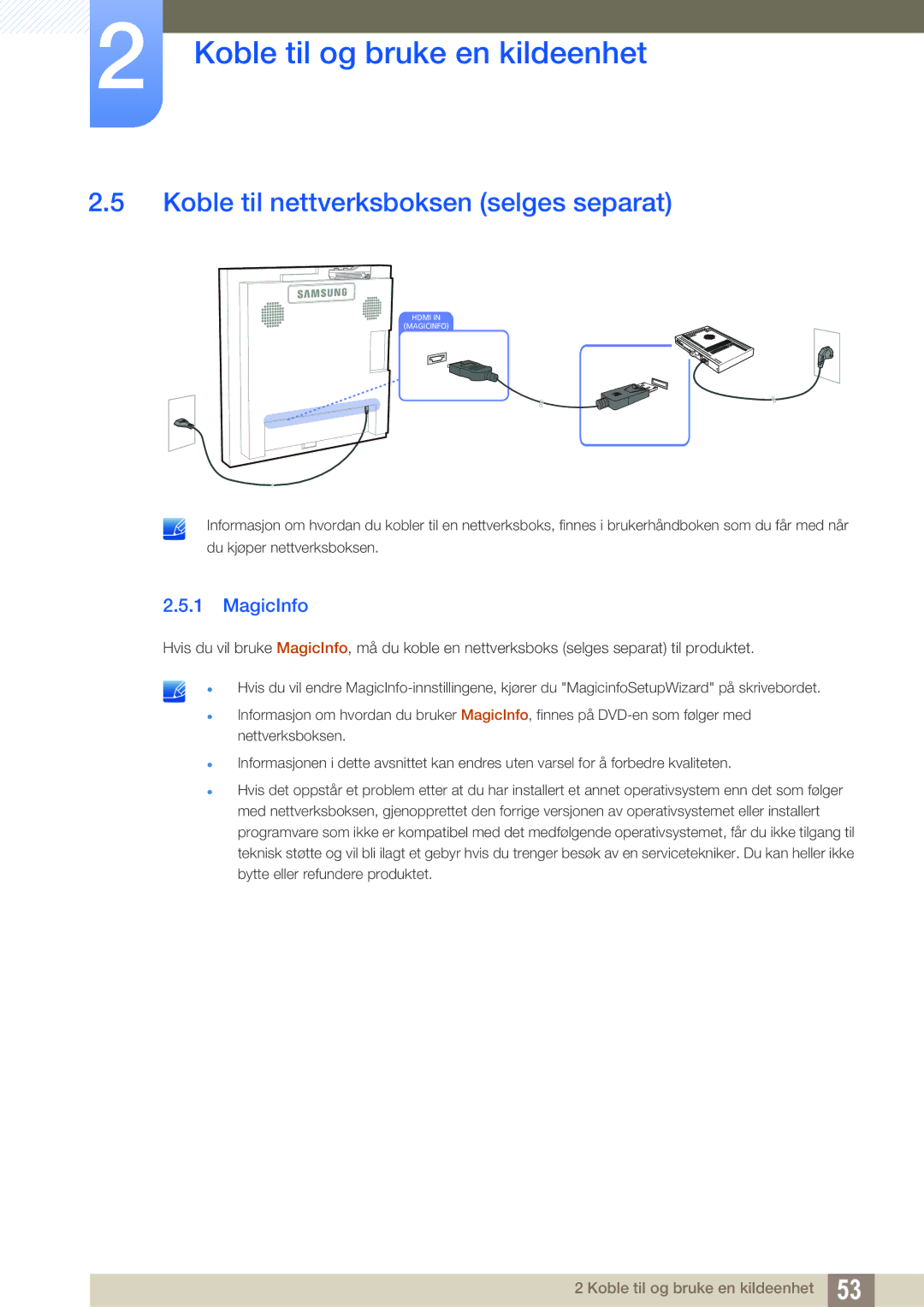 Samsung LH22UDBPLBB/EN manual Koble til nettverksboksen selges separat, MagicInfo 