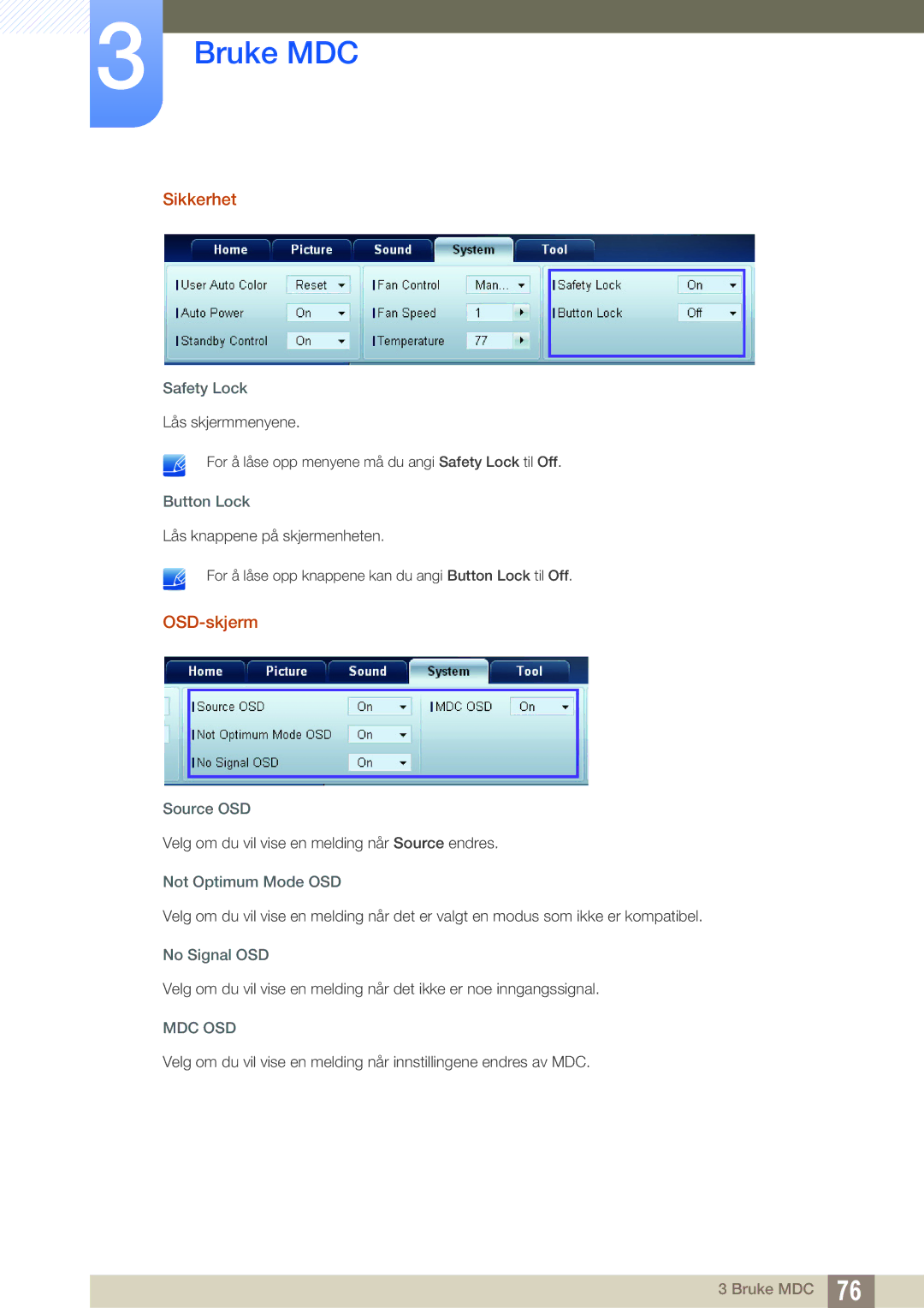 Samsung LH22UDBPLBB/EN manual Sikkerhet, OSD-skjerm 