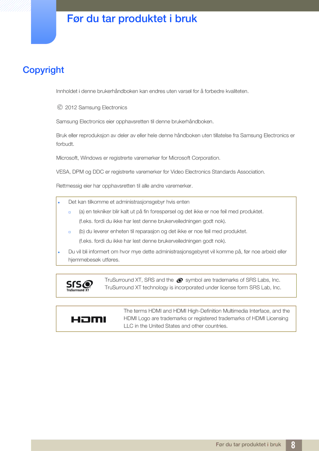 Samsung LH22UDBPLBB/EN manual Før du tar produktet i bruk, Copyright 