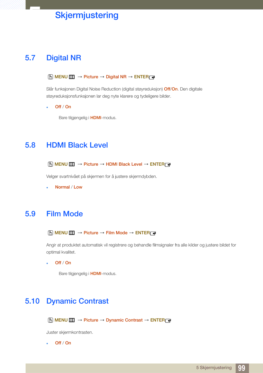 Samsung LH22UDBPLBB/EN manual Digital NR, Hdmi Black Level, Film Mode, Dynamic Contrast 