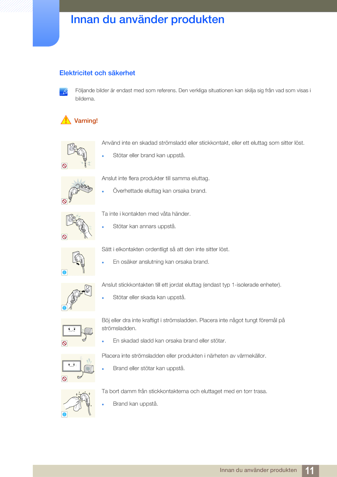 Samsung LH22UDBPLBB/EN manual Elektricitet och säkerhet, Varning 