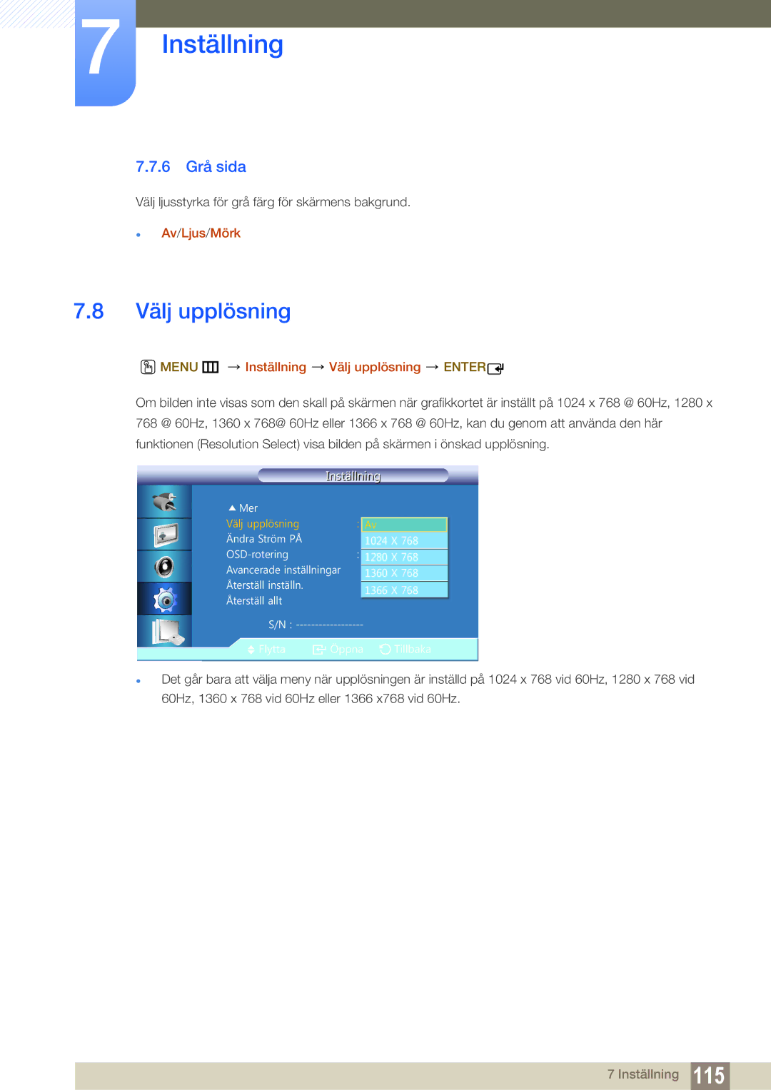 Samsung LH22UDBPLBB/EN manual 6 Grå sida,  Av/Ljus/Mörk, Menu m Inställning Välj upplösning Enter 