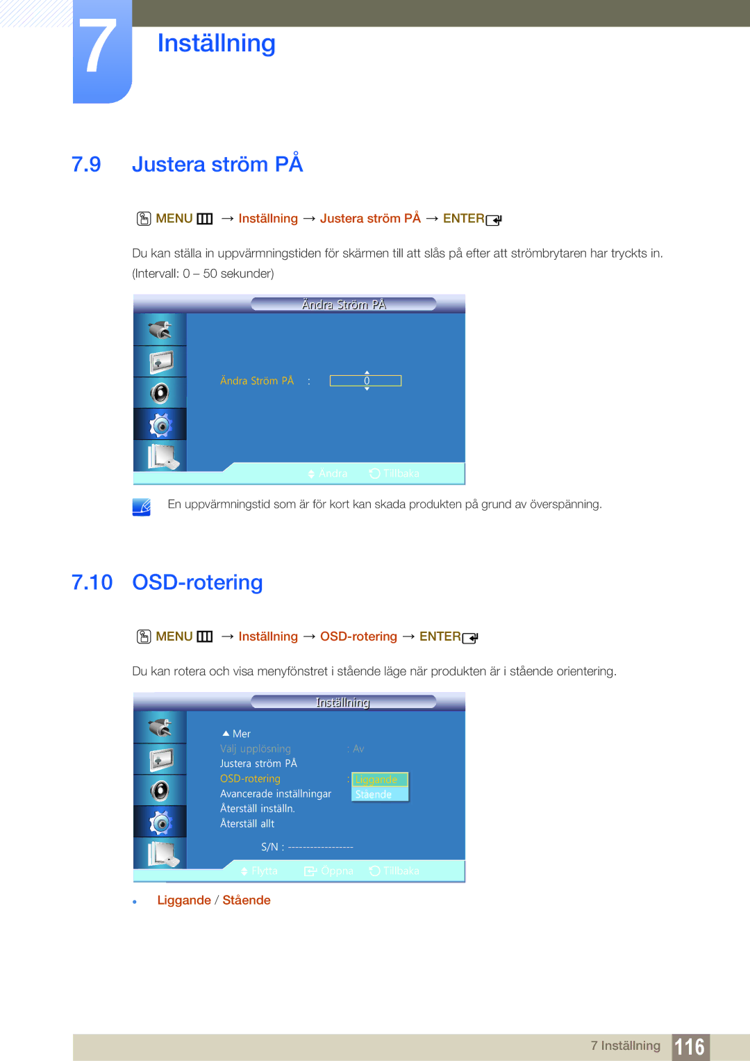 Samsung LH22UDBPLBB/EN manual Menu m Inställning Justera ström PÅ Enter, Menu m Inställning OSD-rotering Enter 