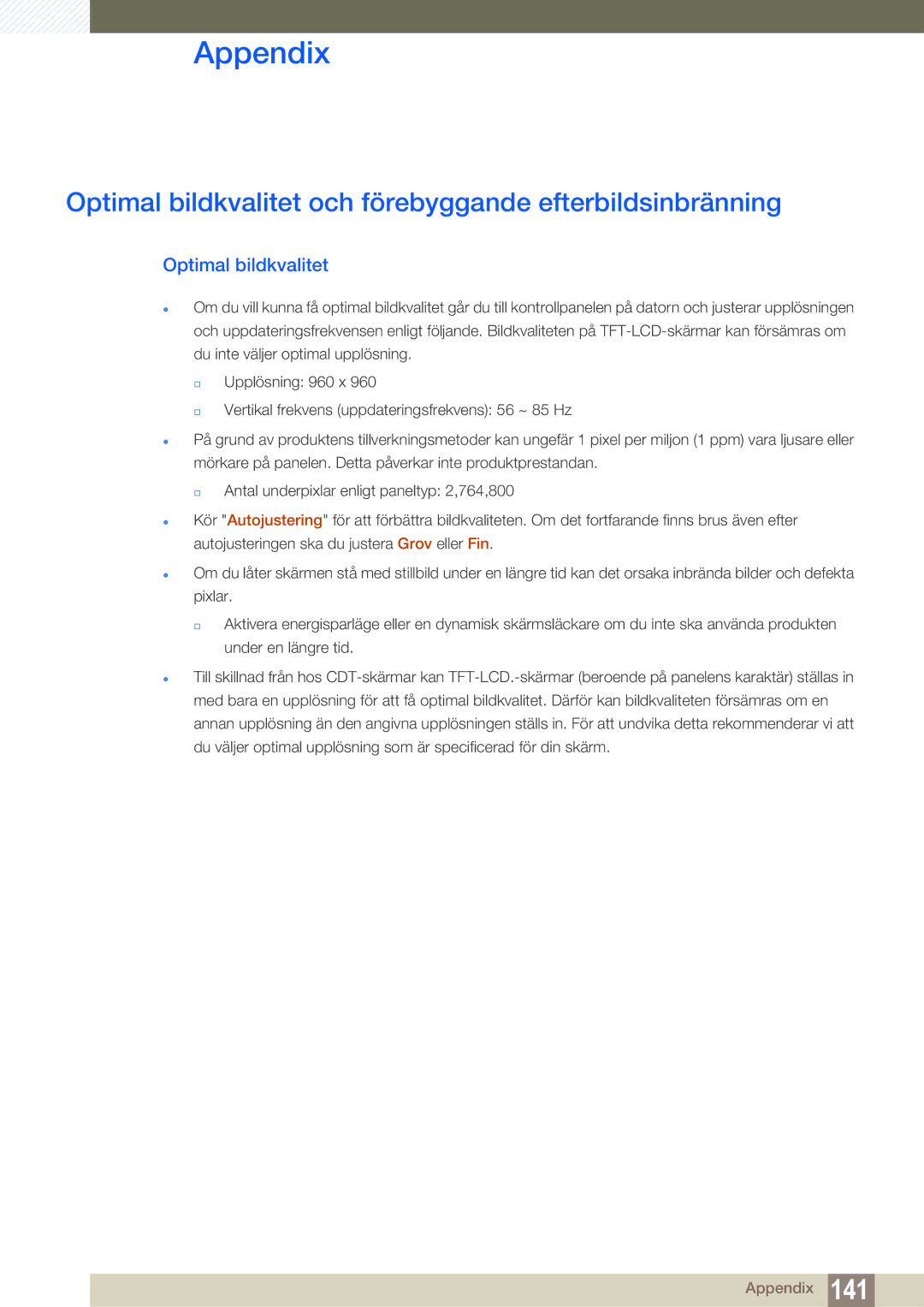 Samsung LH22UDBPLBB/EN manual Optimal bildkvalitet och förebyggande efterbildsinbränning 