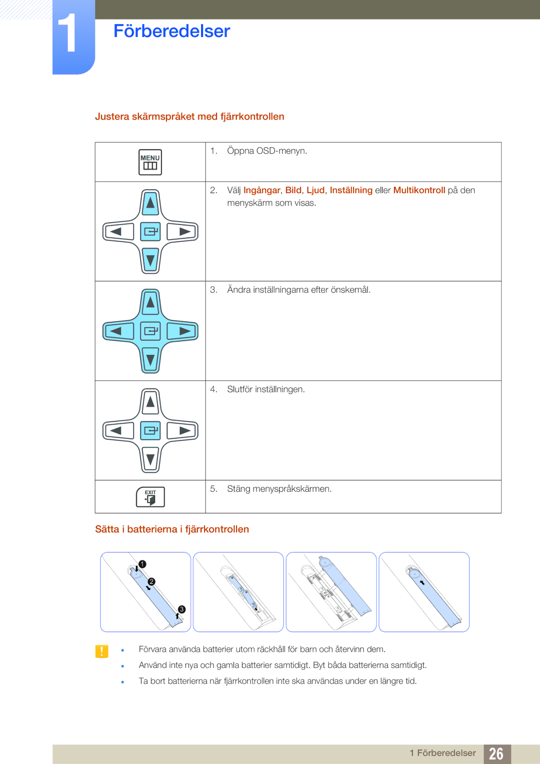 Samsung LH22UDBPLBB/EN manual Justera skärmspråket med fjärrkontrollen, Sätta i batterierna i fjärrkontrollen 