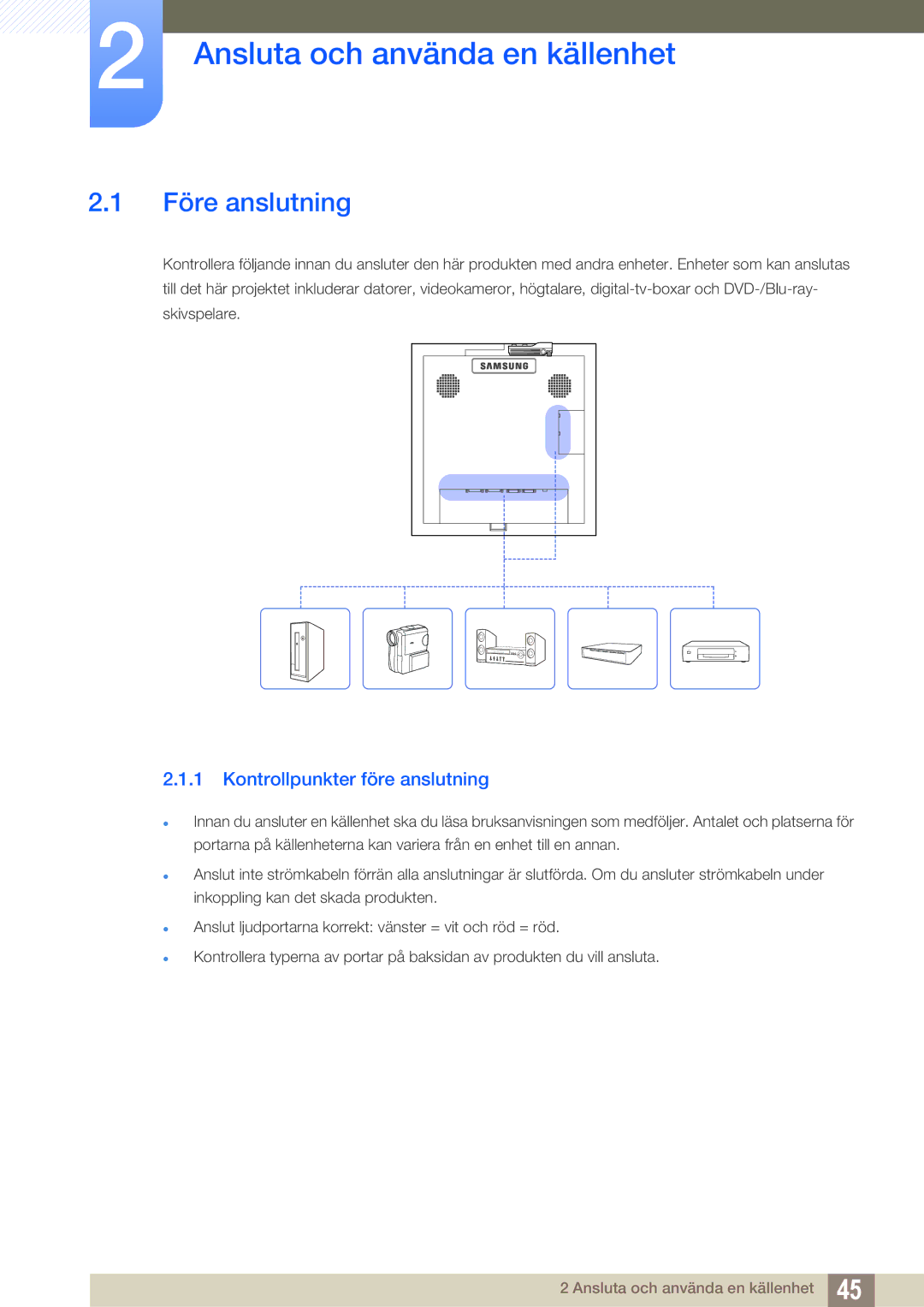 Samsung LH22UDBPLBB/EN manual Före anslutning, Kontrollpunkter före anslutning 