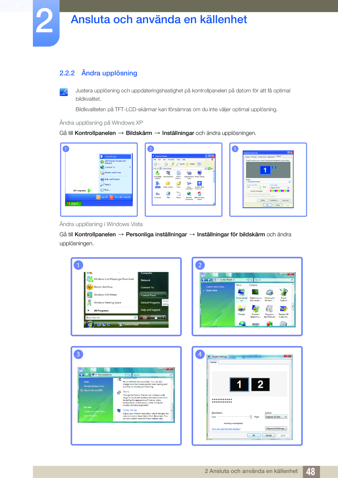 Samsung LH22UDBPLBB/EN manual 2 Ändra upplösning, Ändra upplösning på Windows XP, Ändra upplösning i Windows Vista 