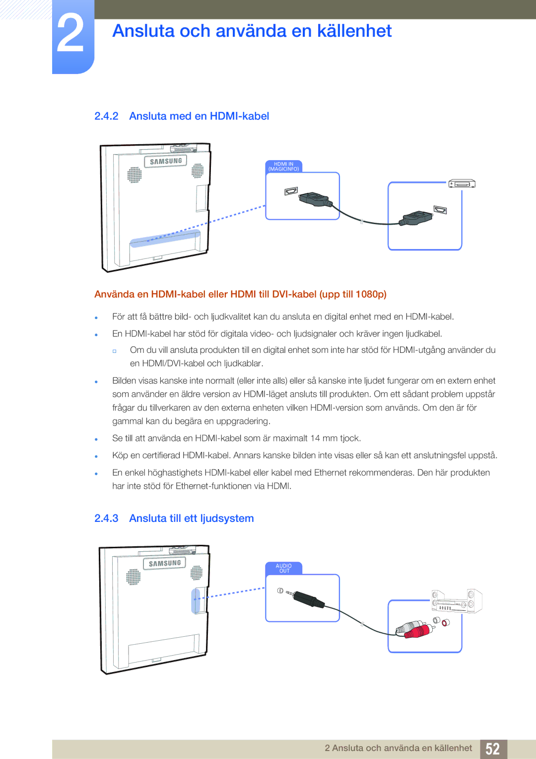 Samsung LH22UDBPLBB/EN manual Ansluta med en HDMI-kabel, Ansluta till ett ljudsystem 