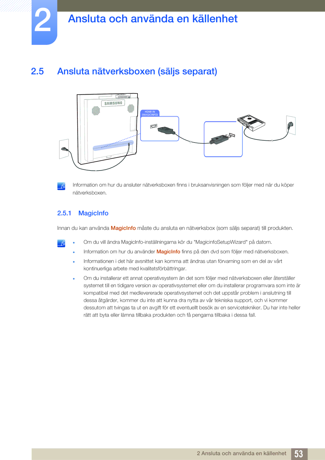 Samsung LH22UDBPLBB/EN manual Ansluta nätverksboxen säljs separat, MagicInfo 