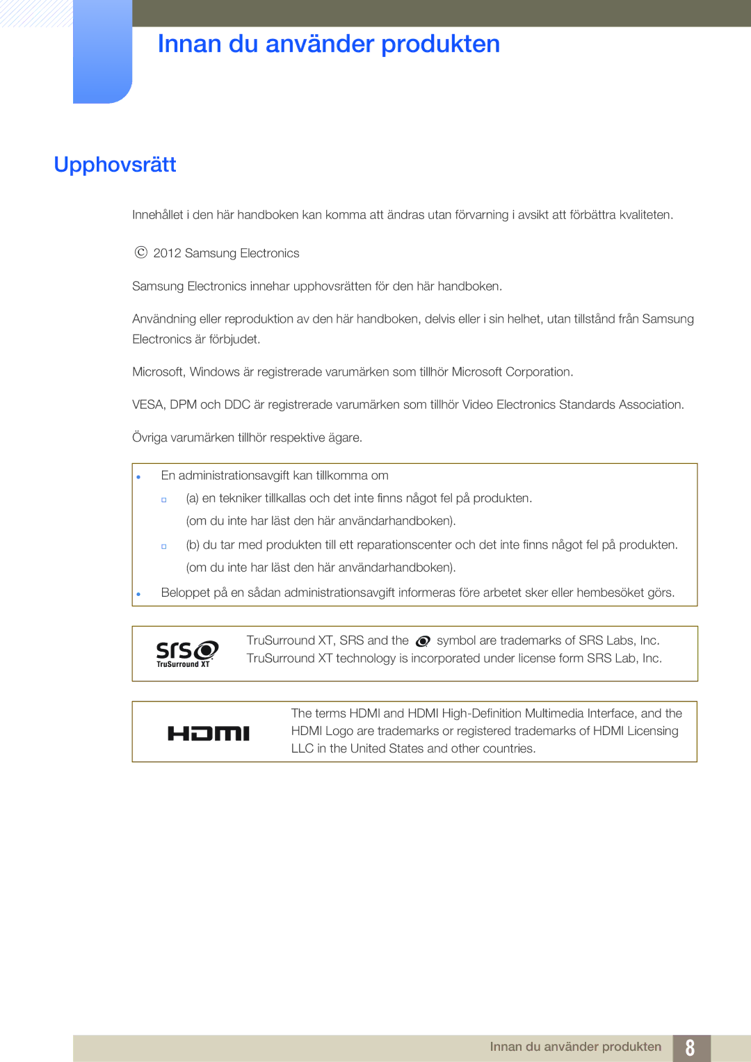 Samsung LH22UDBPLBB/EN manual Innan du använder produkten, Upphovsrätt 