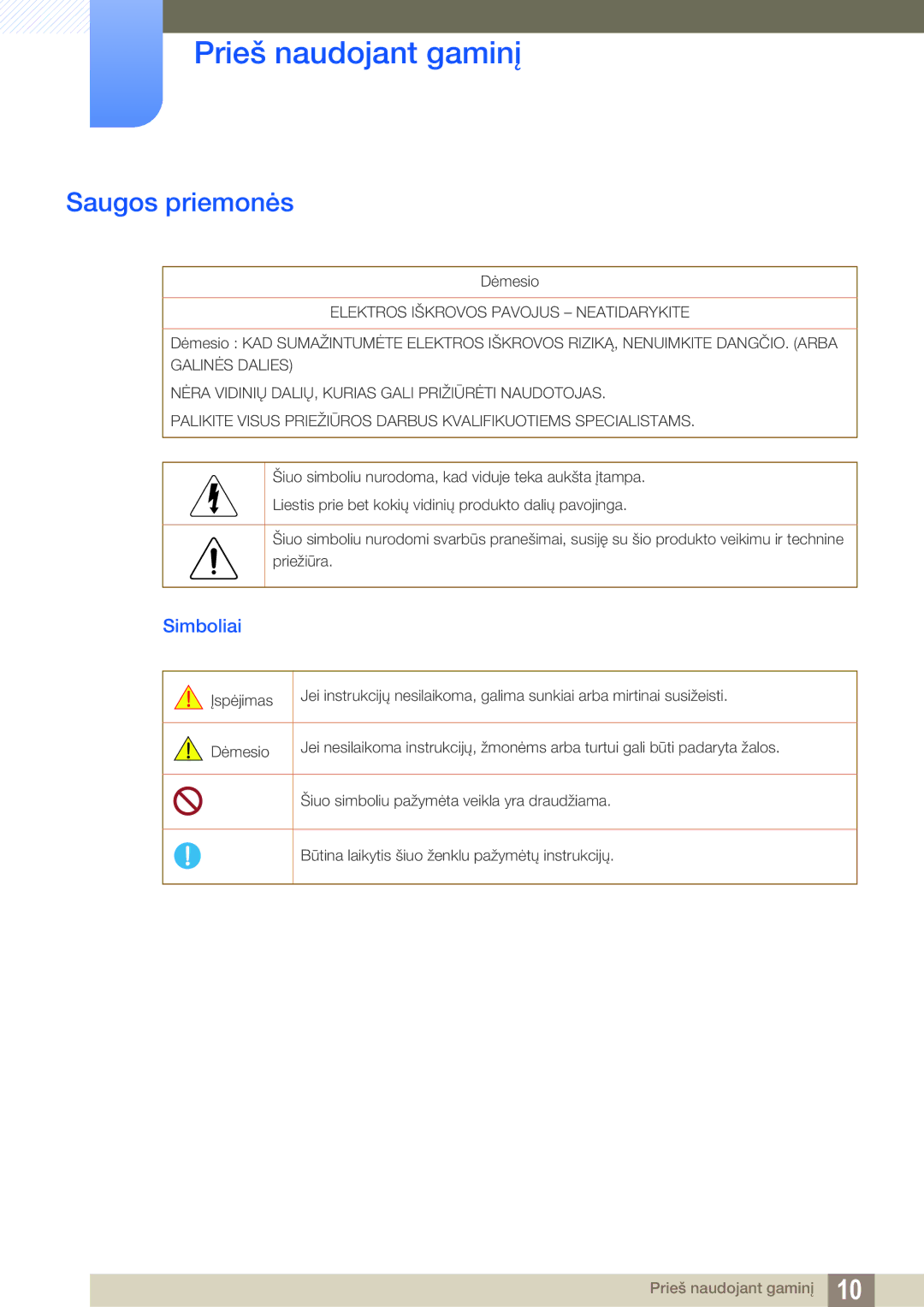 Samsung LH22UDBPLBB/EN manual Saugos priemonės, Simboliai 