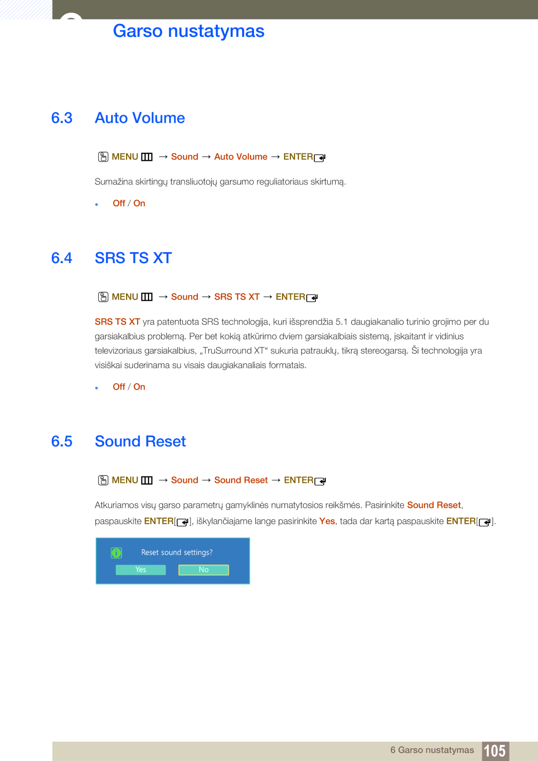 Samsung LH22UDBPLBB/EN manual Sound Reset, Menu m Sound Auto Volume Enter, Menu m Sound SRS TS XT Enter 