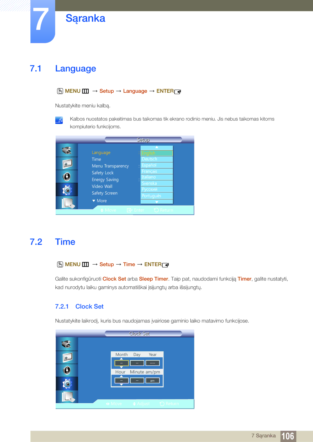 Samsung LH22UDBPLBB/EN manual Clock Set, Menu m Setup Language Enter, Menu m Setup Time Enter 