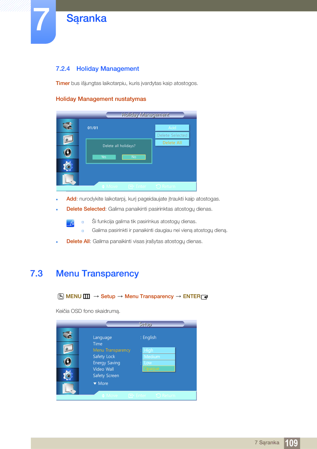 Samsung LH22UDBPLBB/EN manual Holiday Management nustatymas, Menu m Setup Menu Transparency Enter 