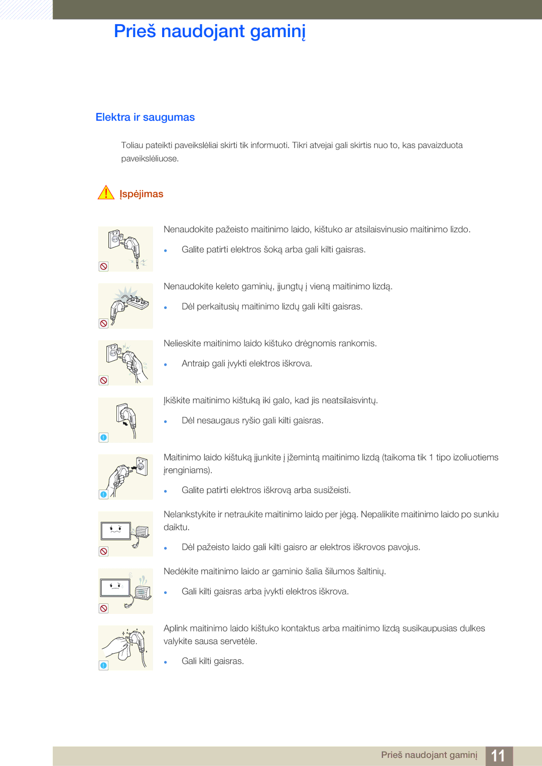 Samsung LH22UDBPLBB/EN manual Elektra ir saugumas, Įspėjimas 