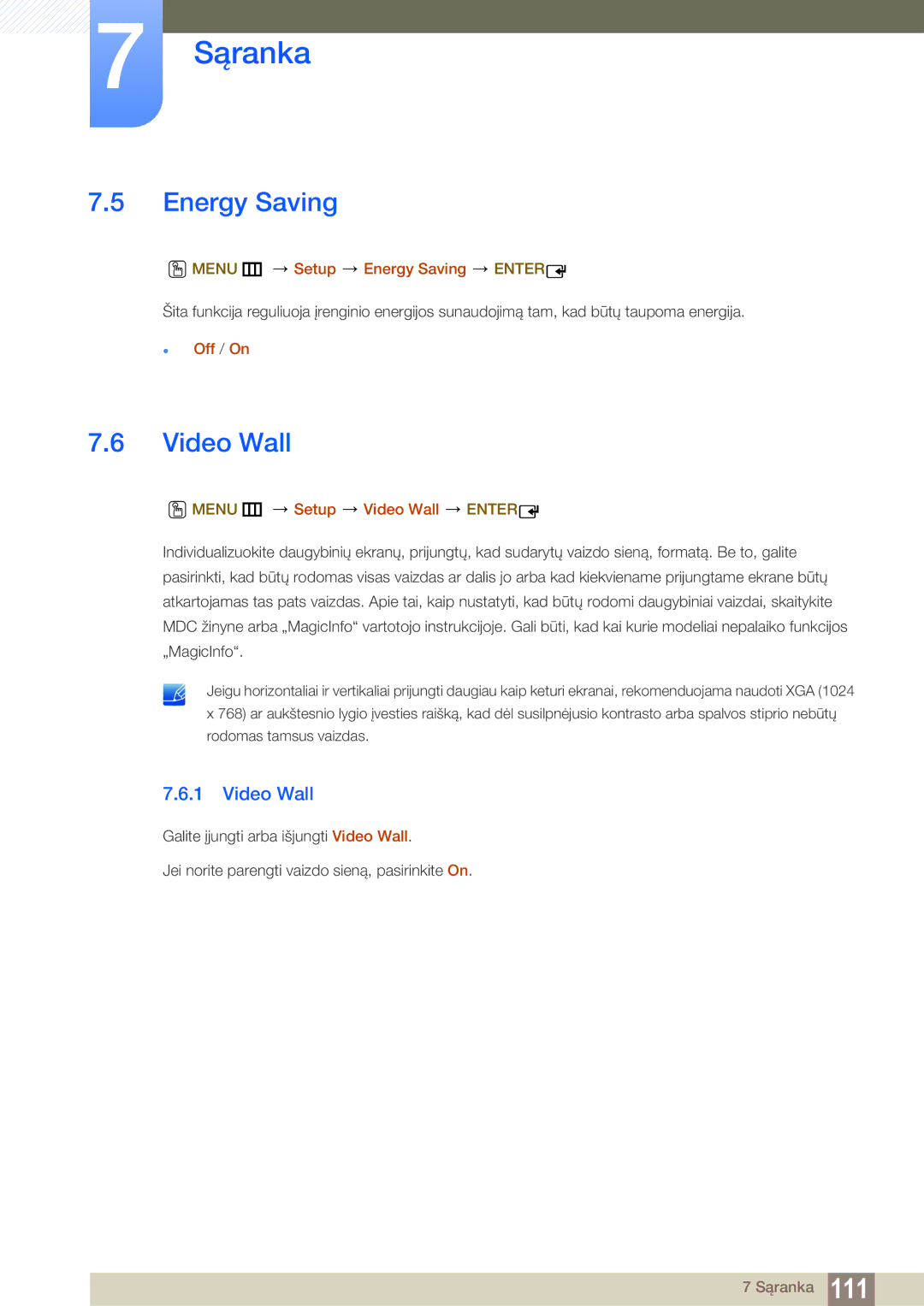 Samsung LH22UDBPLBB/EN manual Menu m Setup Energy Saving Enter, Menu m Setup Video Wall Enter 