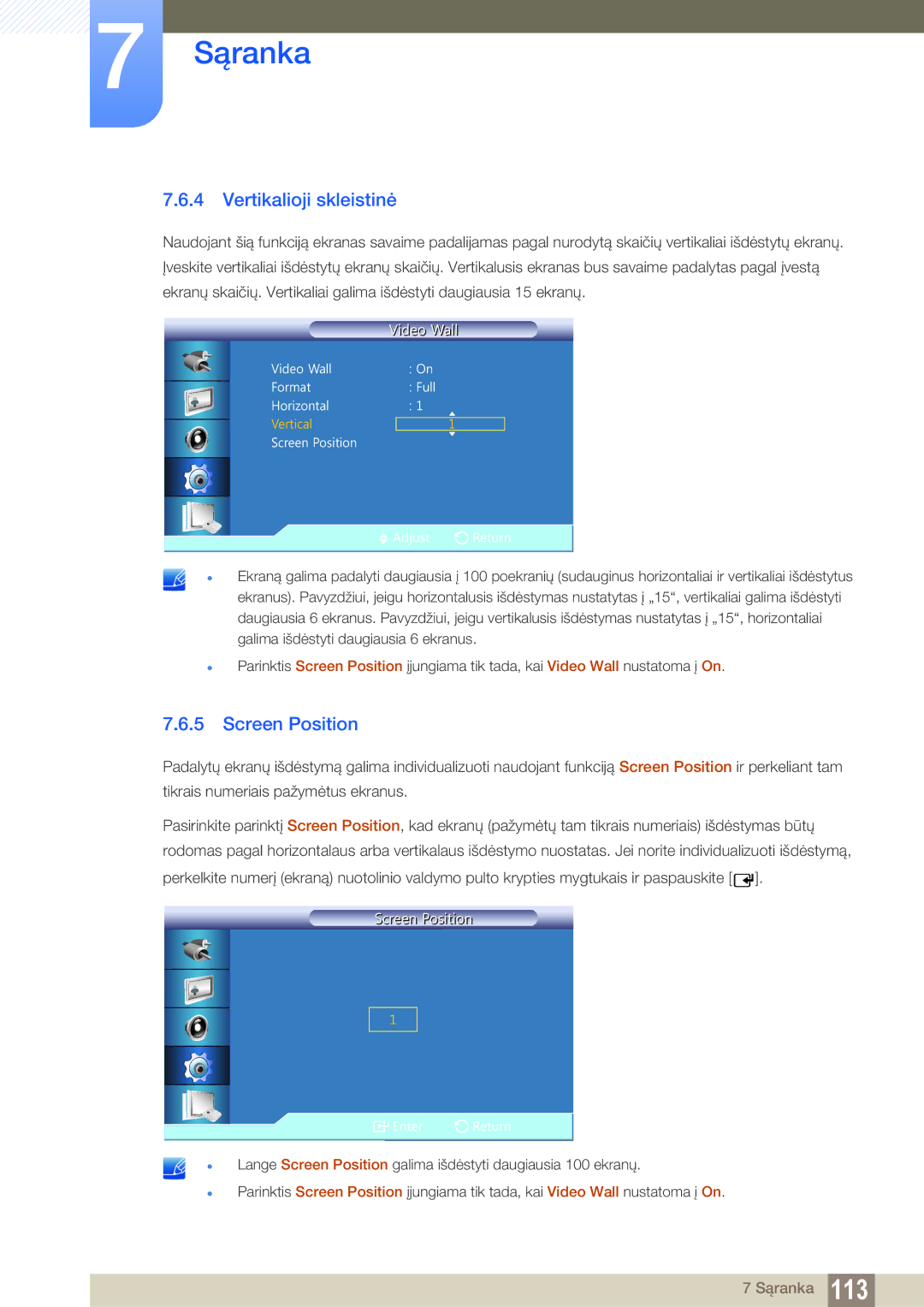 Samsung LH22UDBPLBB/EN manual Vertikalioji skleistinė, Screen Position 