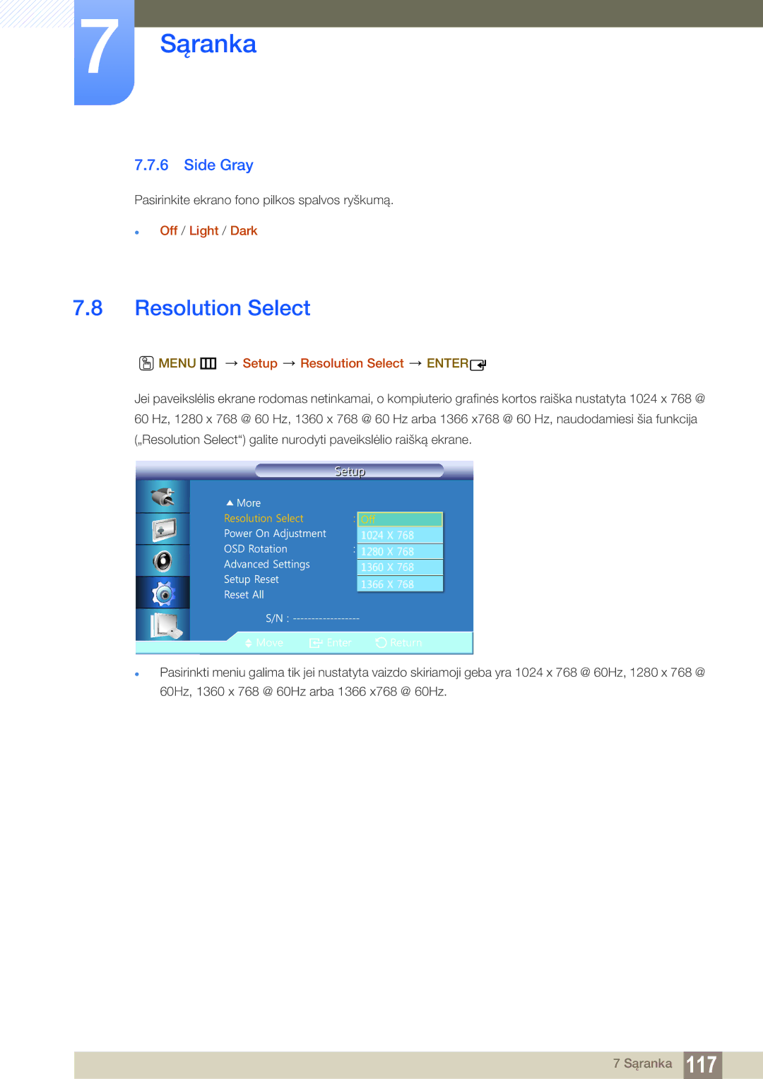 Samsung LH22UDBPLBB/EN manual Side Gray,  Off / Light / Dark, Menu m Setup Resolution Select Enter 
