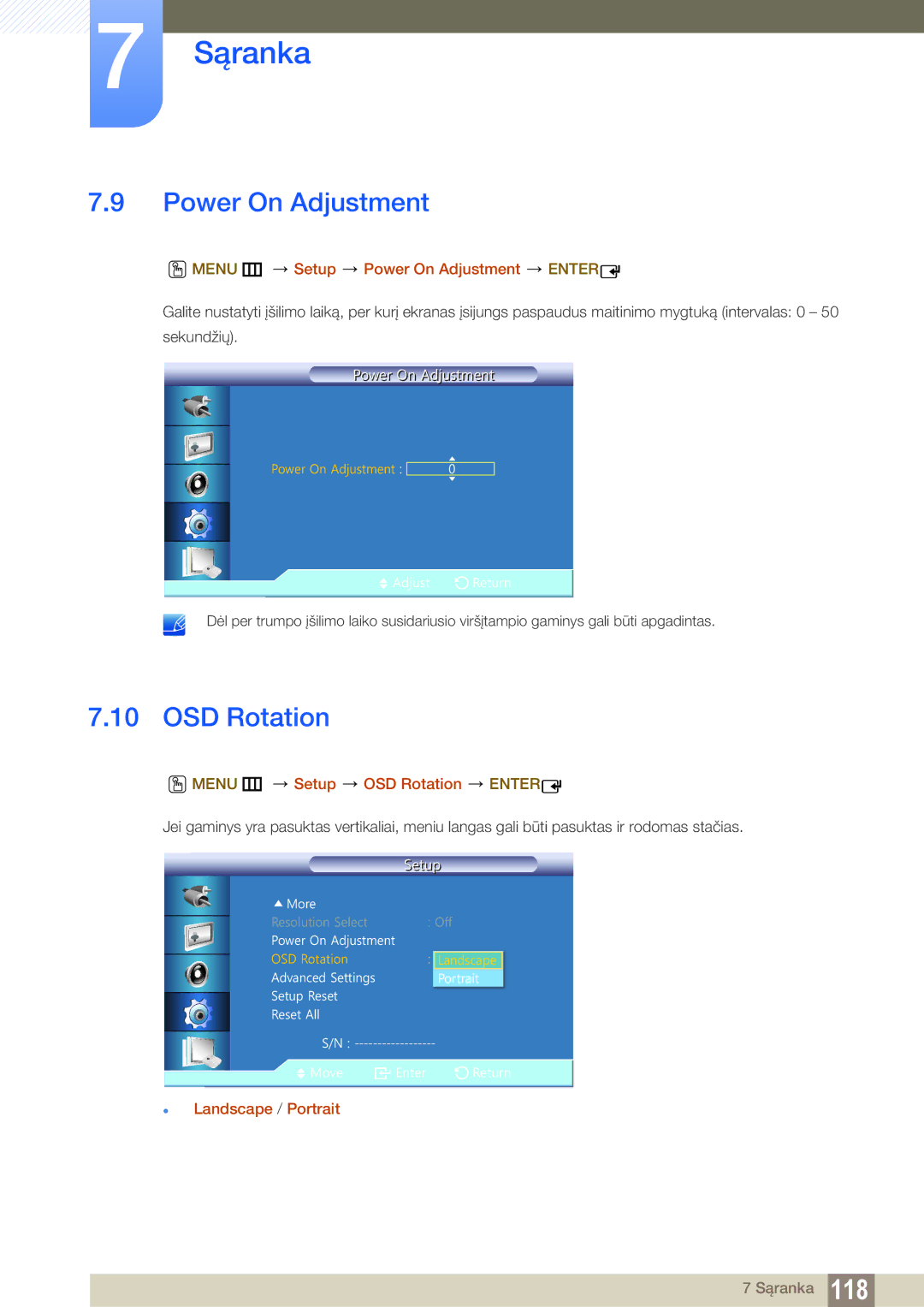 Samsung LH22UDBPLBB/EN manual Menu m Setup Power On Adjustment Enter, Menu m Setup OSD Rotation Enter 