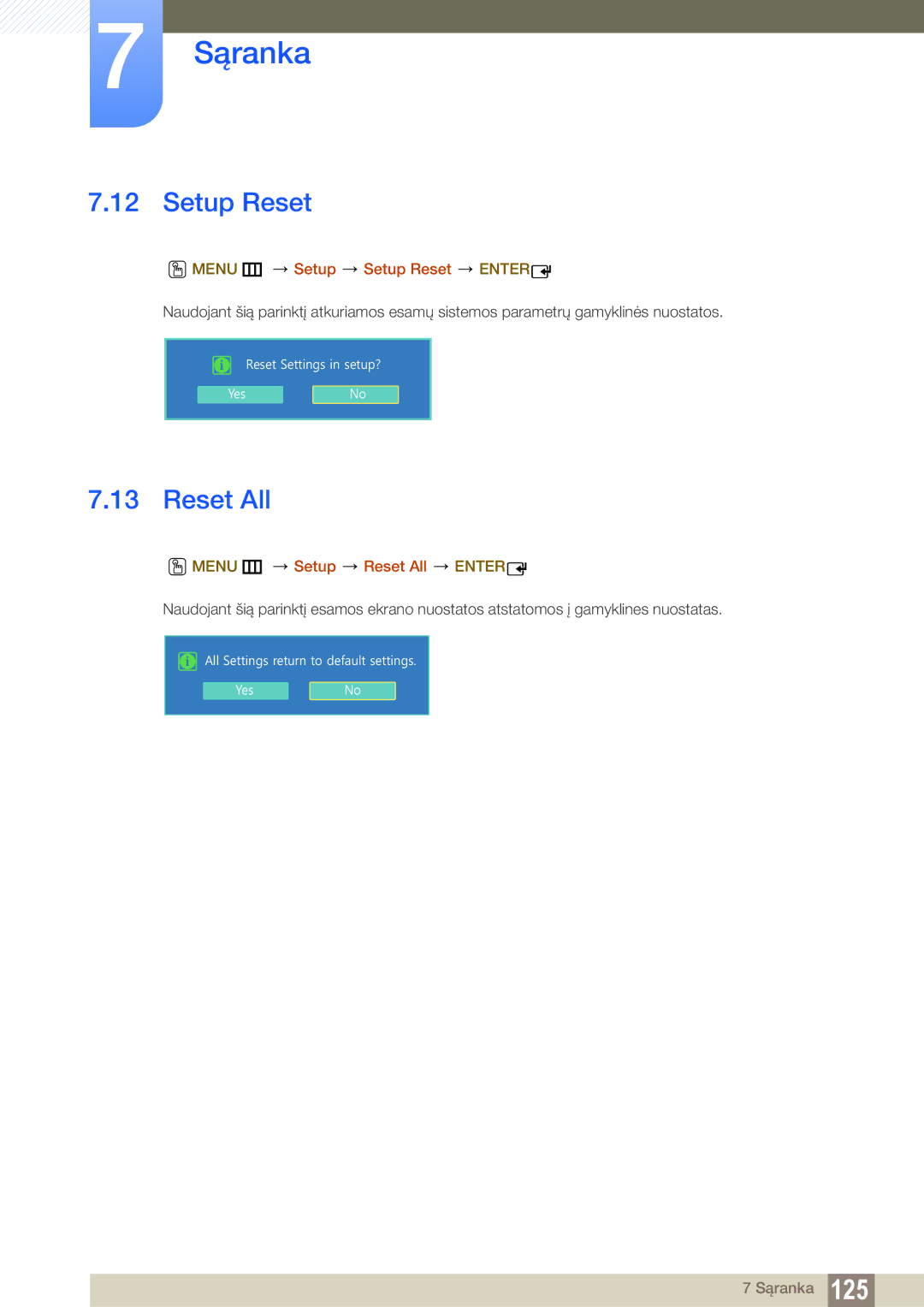 Samsung LH22UDBPLBB/EN manual Menu m Setup Setup Reset Enter, Menu m Setup Reset All Enter 