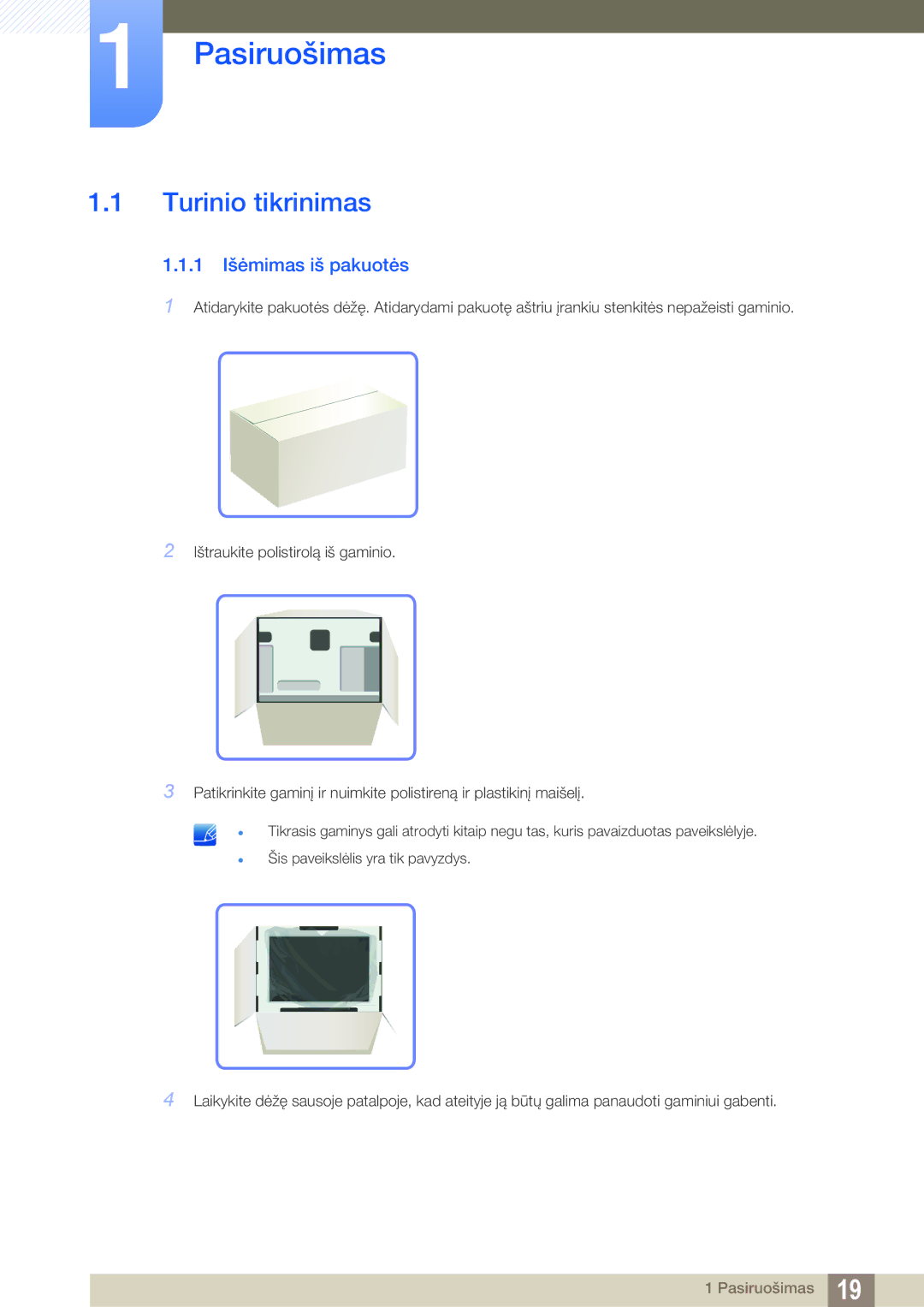 Samsung LH22UDBPLBB/EN manual Turinio tikrinimas, 1 Išėmimas iš pakuotės 