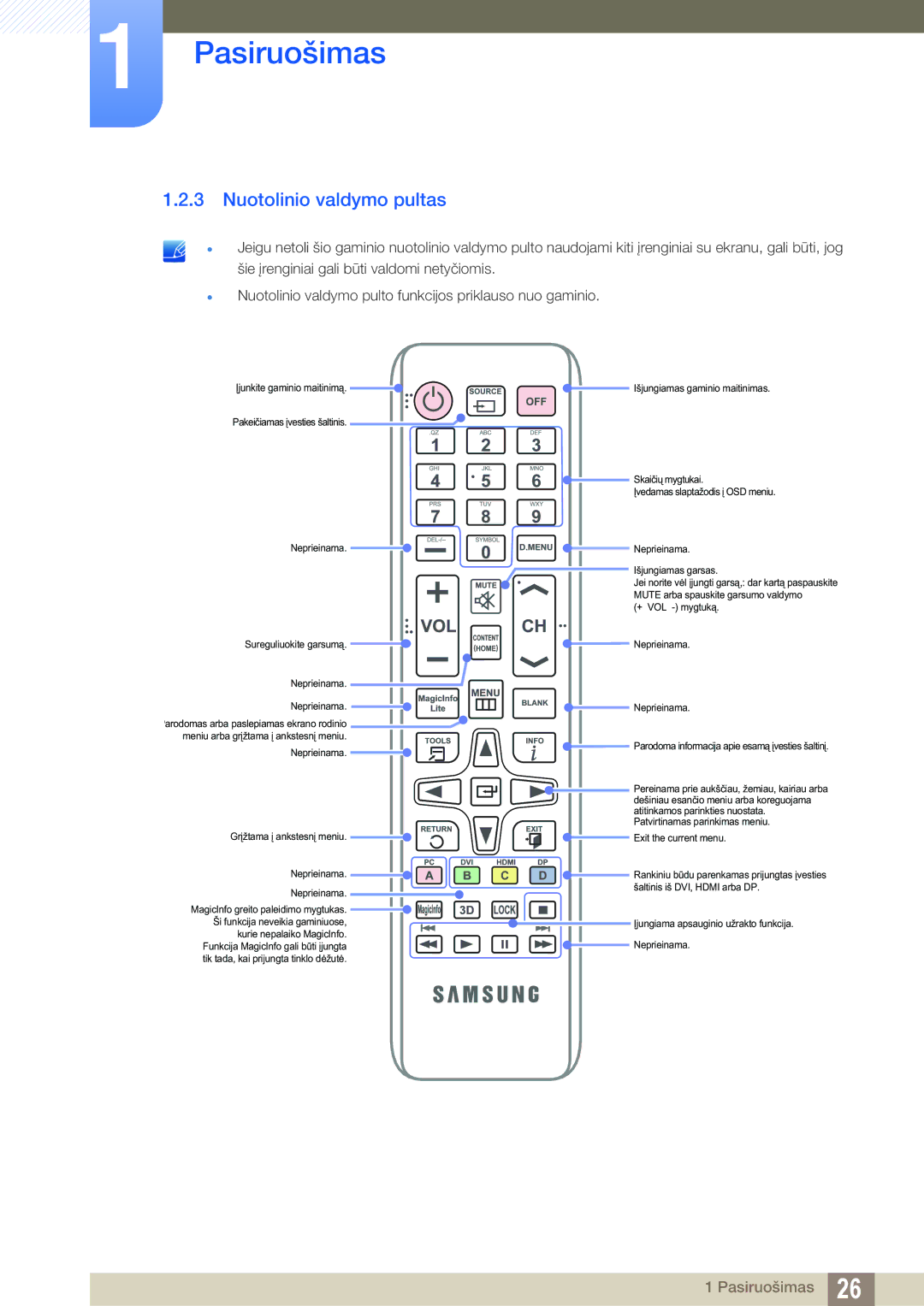 Samsung LH22UDBPLBB/EN manual Nuotolinio valdymo pultas 