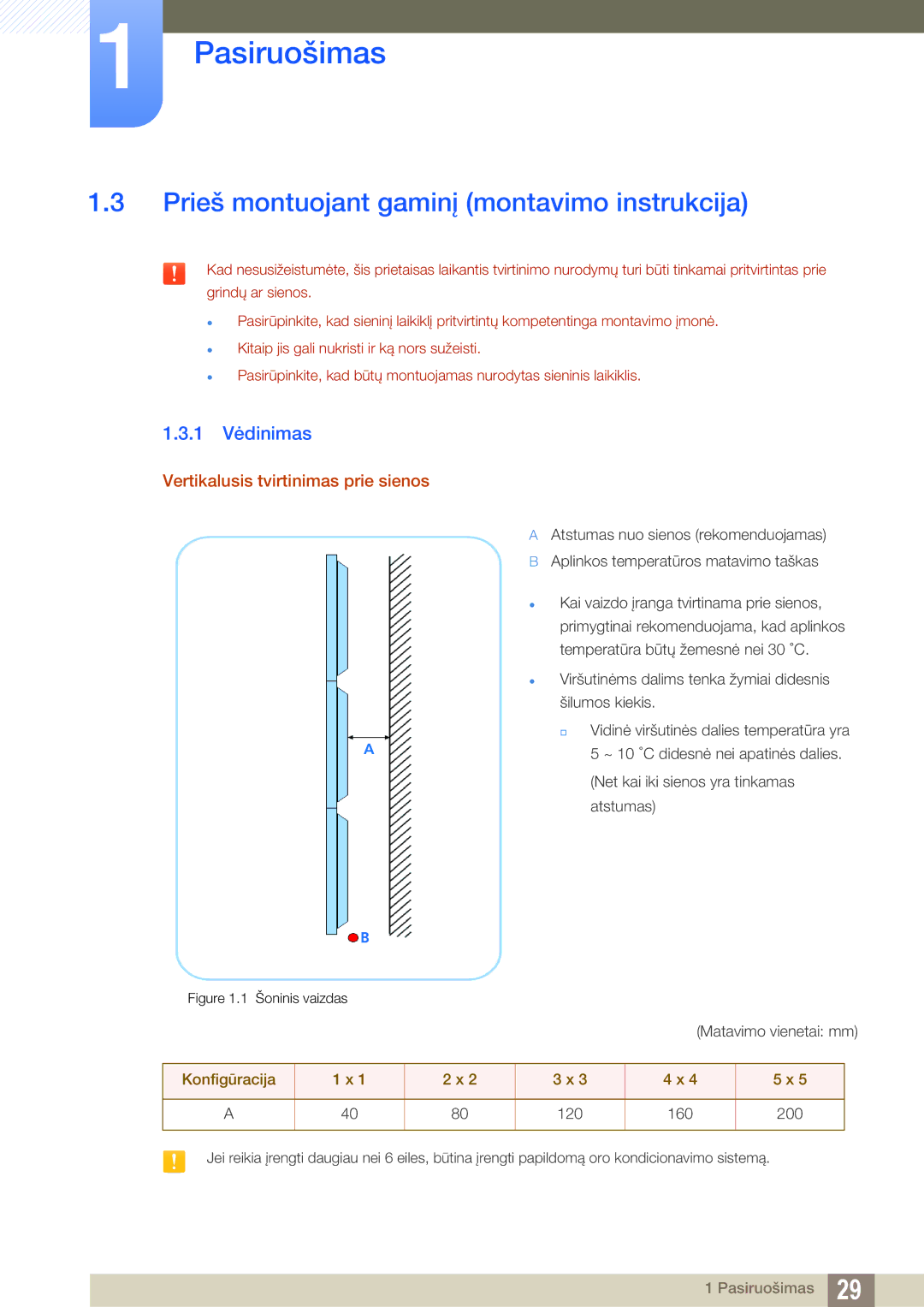 Samsung LH22UDBPLBB/EN Prieš montuojant gaminį montavimo instrukcija, 1 Vėdinimas, Vertikalusis tvirtinimas prie sienos 