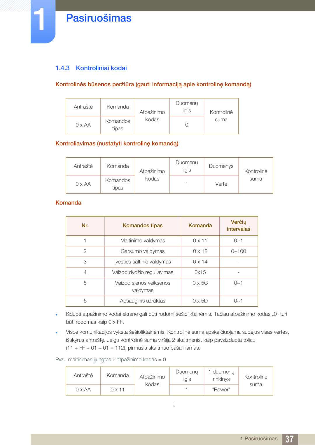 Samsung LH22UDBPLBB/EN manual Kontroliniai kodai, Kontroliavimas nustatyti kontrolinę komandą, Komanda 