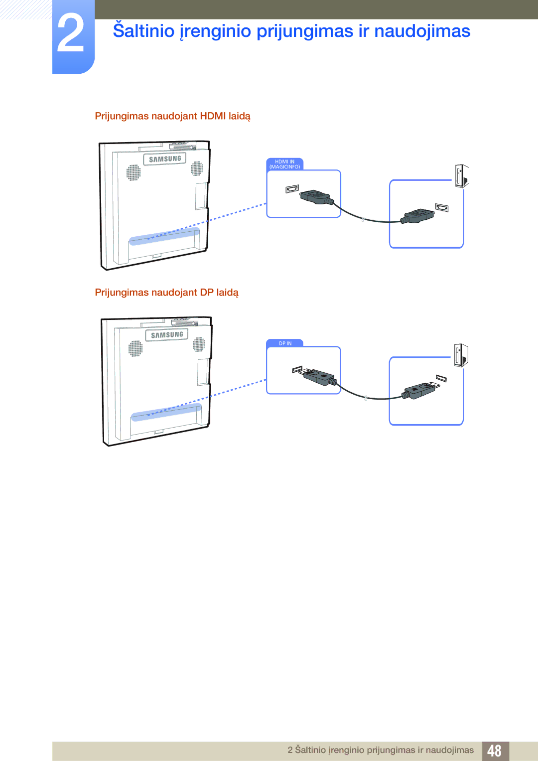 Samsung LH22UDBPLBB/EN manual Prijungimas naudojant Hdmi laidą, Prijungimas naudojant DP laidą 