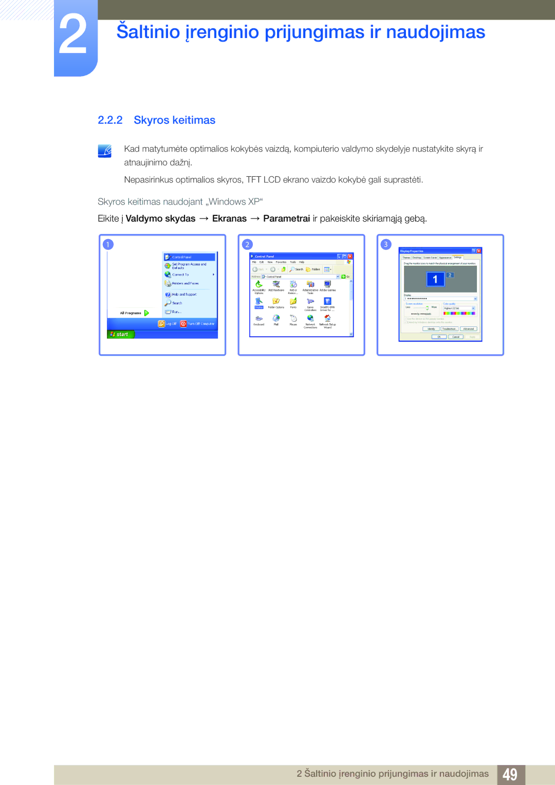 Samsung LH22UDBPLBB/EN manual Skyros keitimas naudojant „Windows XP 