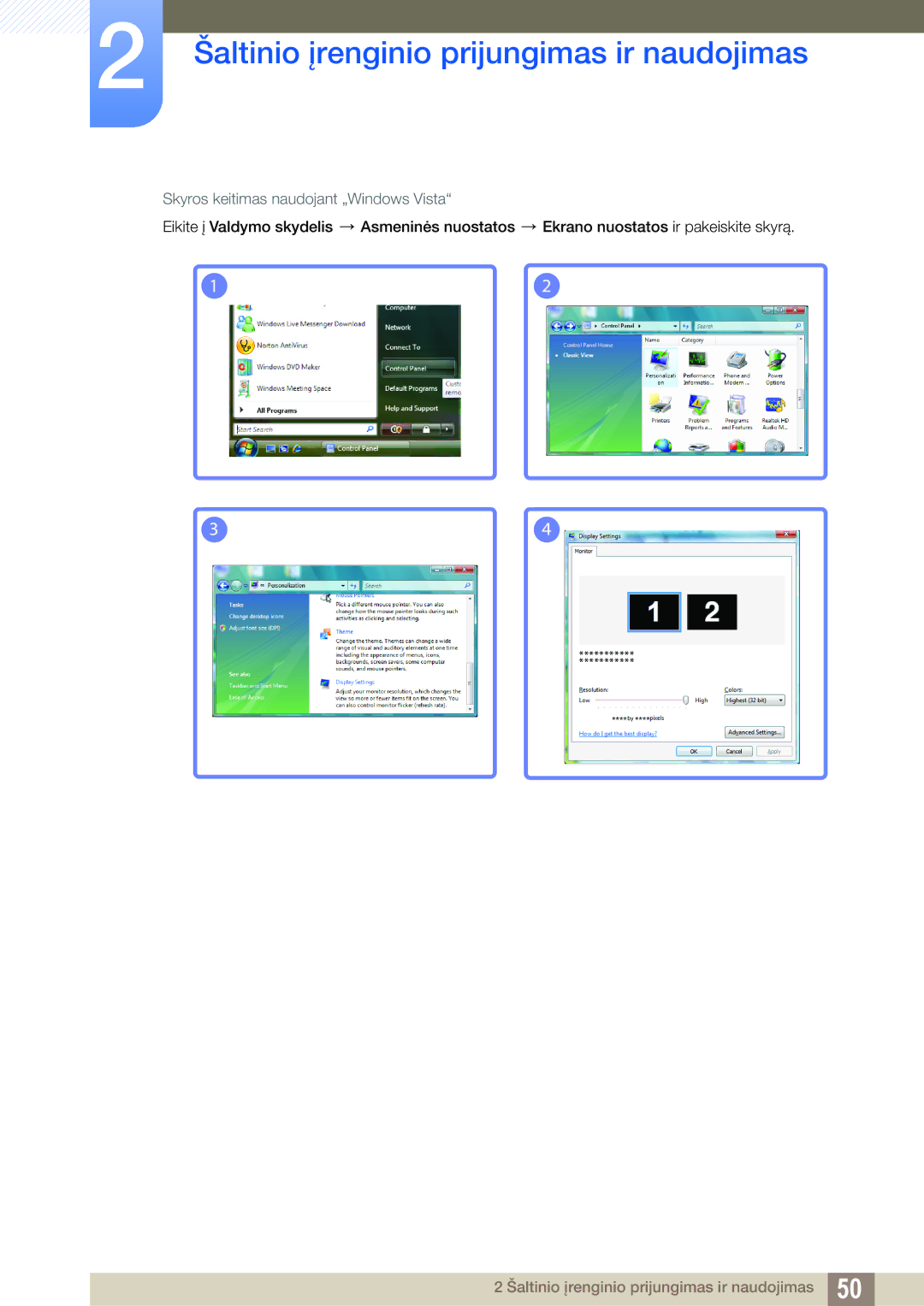 Samsung LH22UDBPLBB/EN manual Skyros keitimas naudojant „Windows Vista 