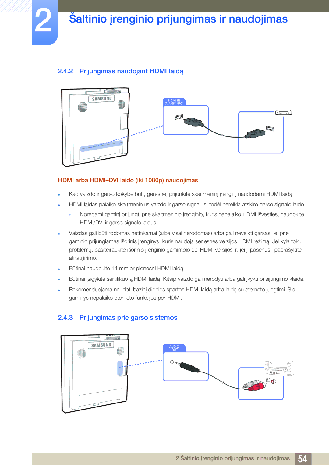 Samsung LH22UDBPLBB/EN manual Prijungimas naudojant Hdmi laidą, Prijungimas prie garso sistemos 