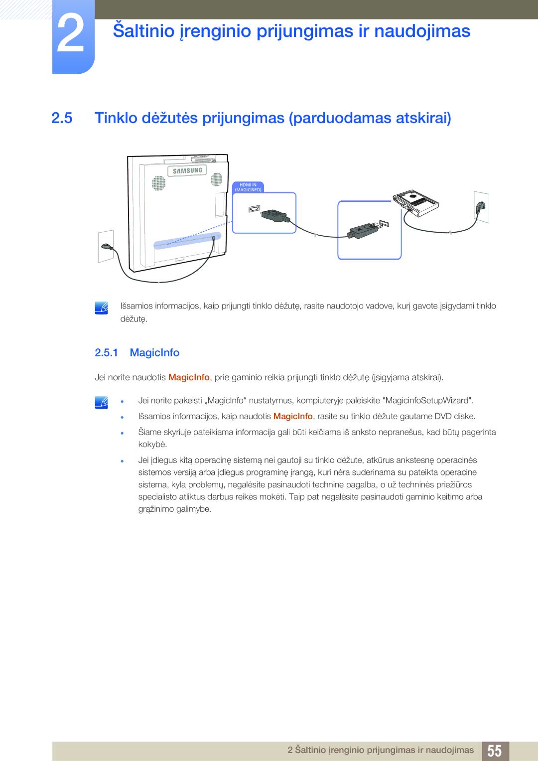 Samsung LH22UDBPLBB/EN manual Tinklo dėžutės prijungimas parduodamas atskirai, MagicInfo 