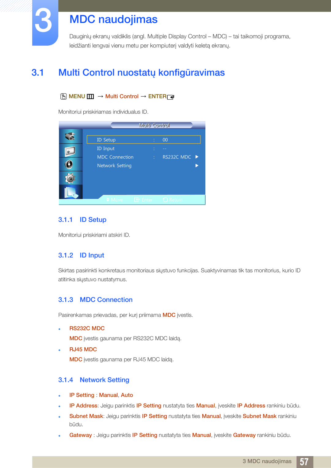 Samsung LH22UDBPLBB/EN manual Multi Control nuostatų konfigūravimas, ID Setup, ID Input, MDC Connection, Network Setting 