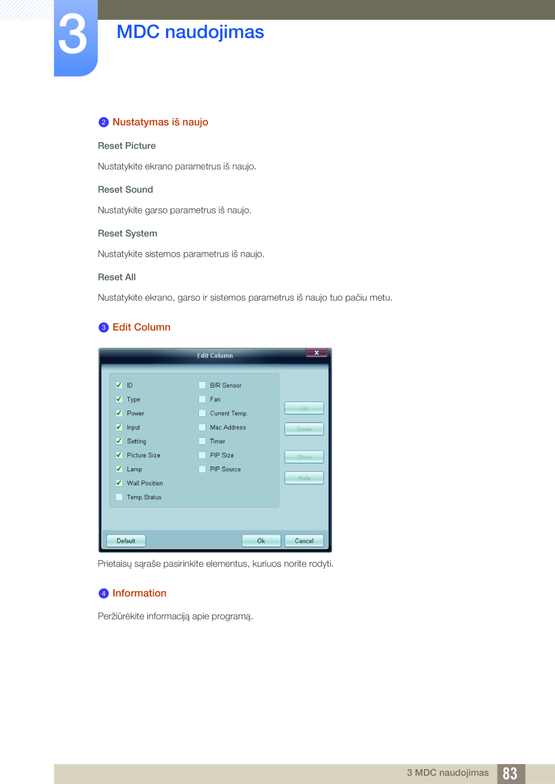 Samsung LH22UDBPLBB/EN manual Nustatymas iš naujo, Edit Column, Information 