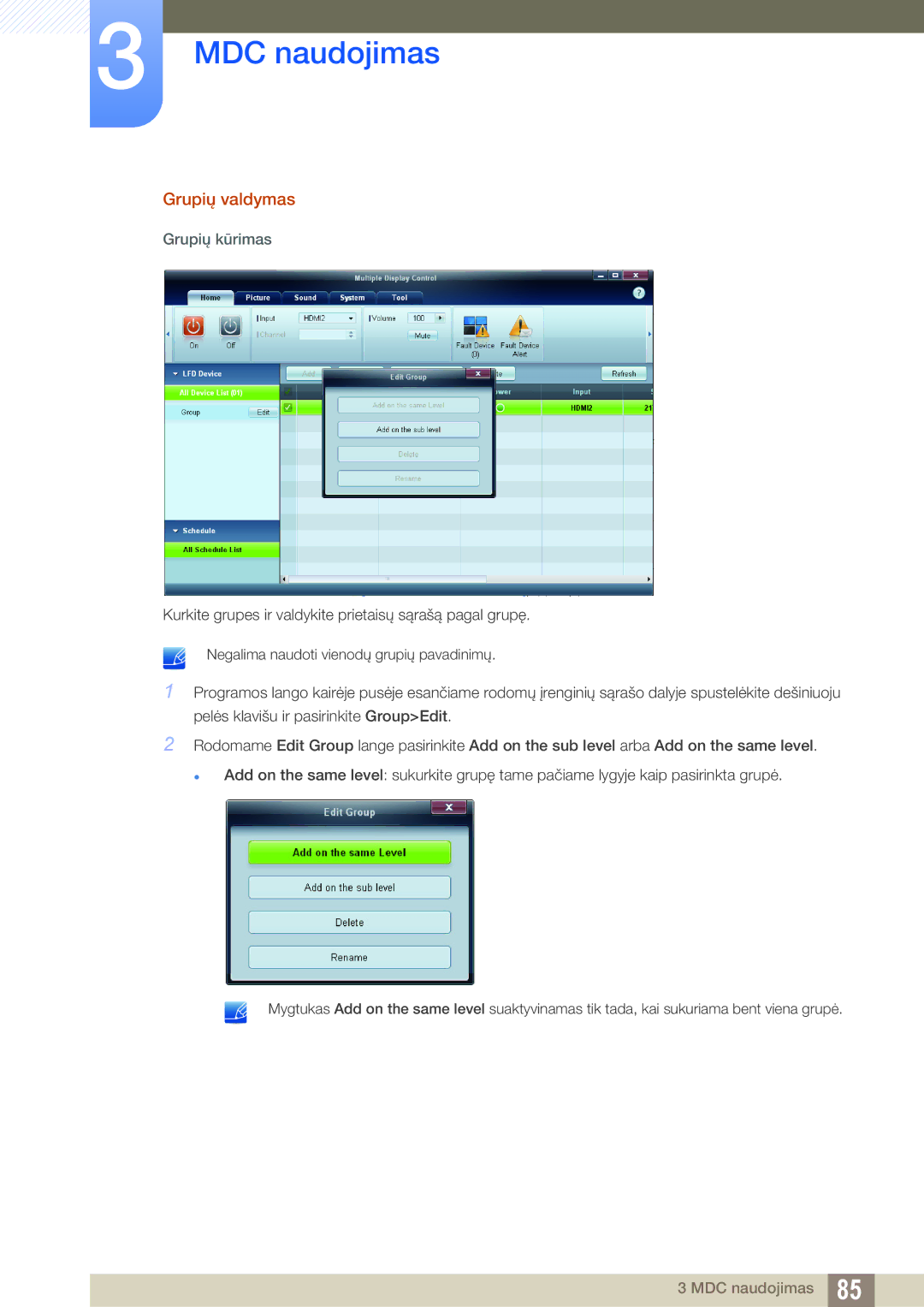 Samsung LH22UDBPLBB/EN manual Grupių valdymas, Grupių kūrimas 