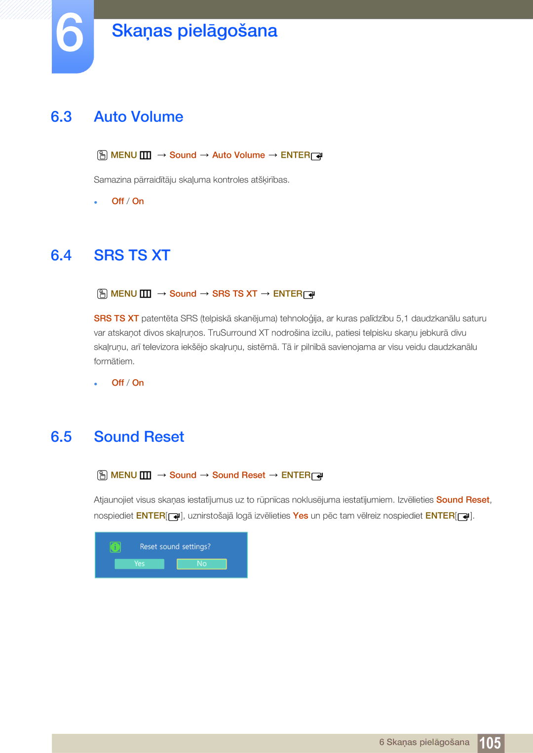 Samsung LH22UDBPLBB/EN manual Sound Reset, Menu m Sound Auto Volume Enter, Menu m Sound SRS TS XT Enter 